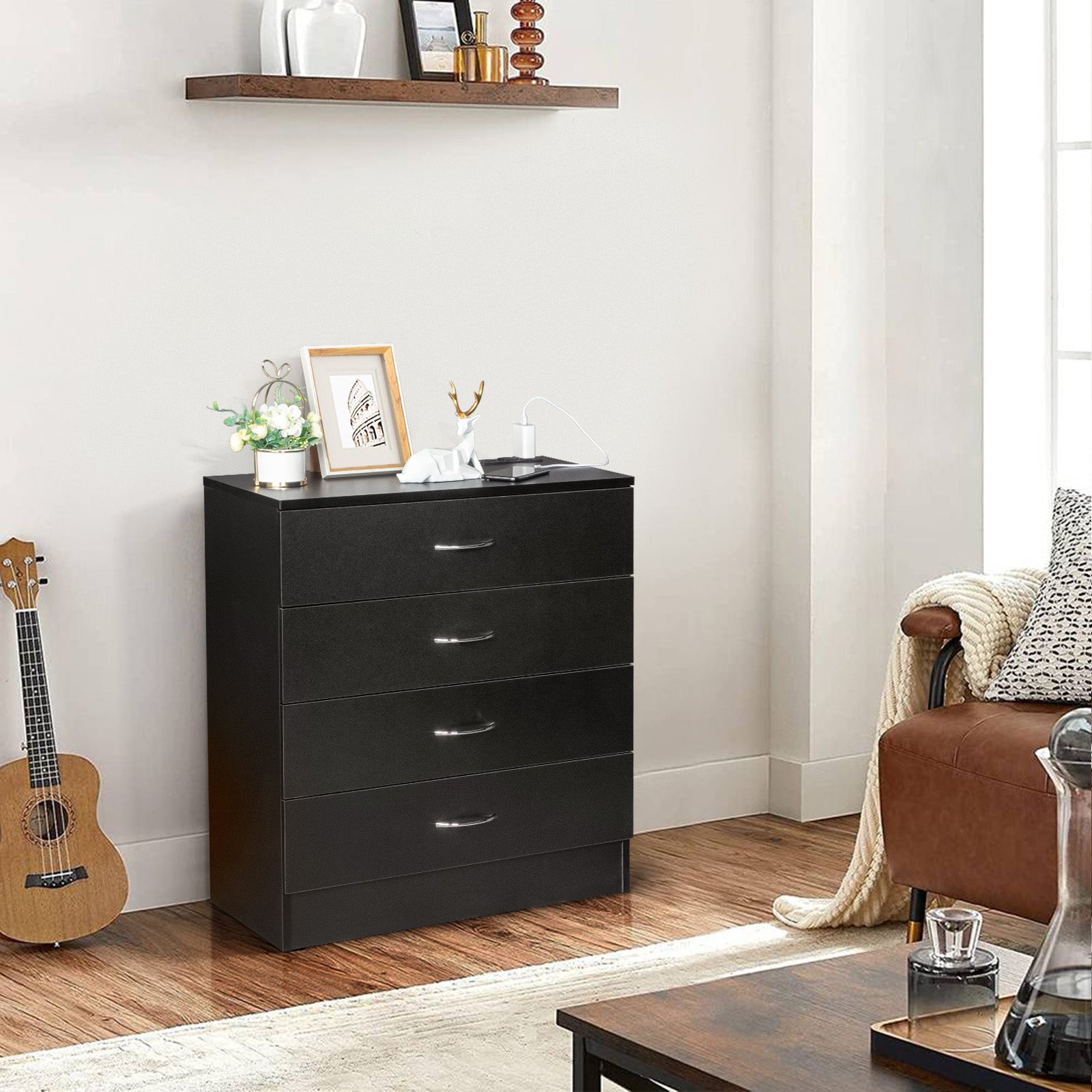 HAOYYE PB Wood Simple 4-Drawer Nightstand Dresser with Built-In USB Ports and Power Outlet, Modern Black Bedside Storage Cabinet, Space-Saving Design, Durable Wood Construction for Bedroom and Living Room