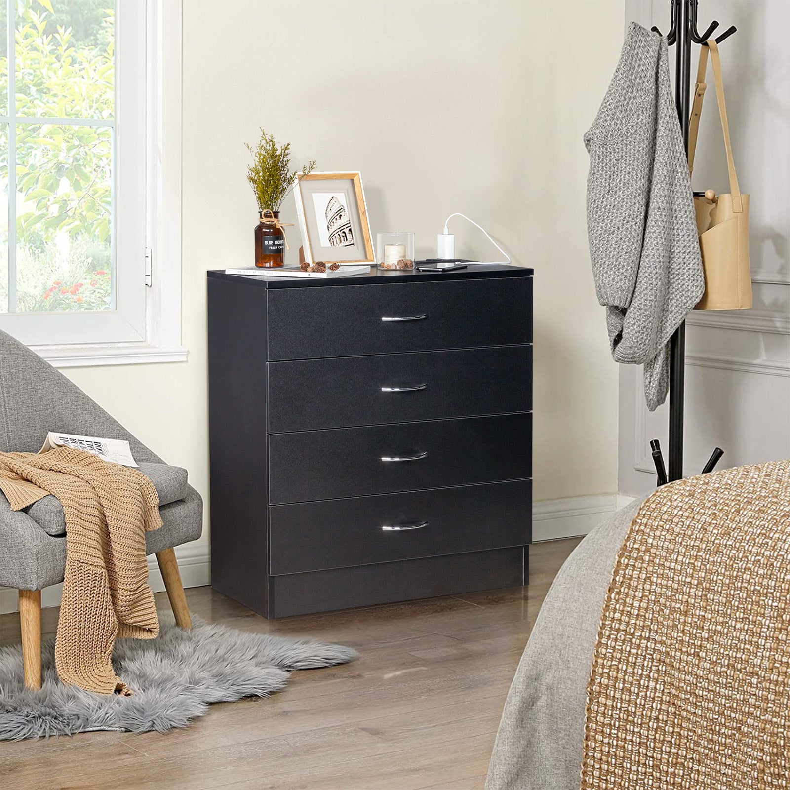HAOYYE PB Wood Simple 4-Drawer Nightstand Dresser with Built-In USB Ports and Power Outlet, Modern Black Bedside Storage Cabinet, Space-Saving Design, Durable Wood Construction for Bedroom and Living Room