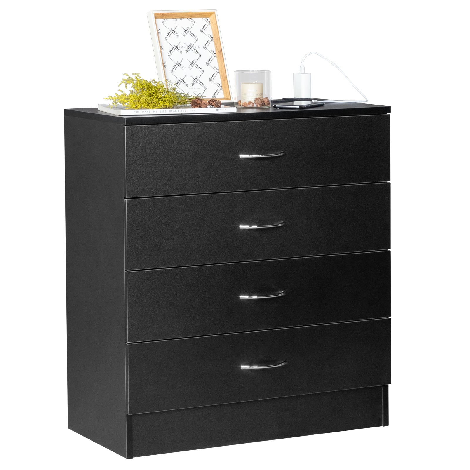 HAOYYE PB Wood Simple 4-Drawer Nightstand Dresser with Built-In USB Ports and Power Outlet, Modern Black Bedside Storage Cabinet, Space-Saving Design, Durable Wood Construction for Bedroom and Living Room
