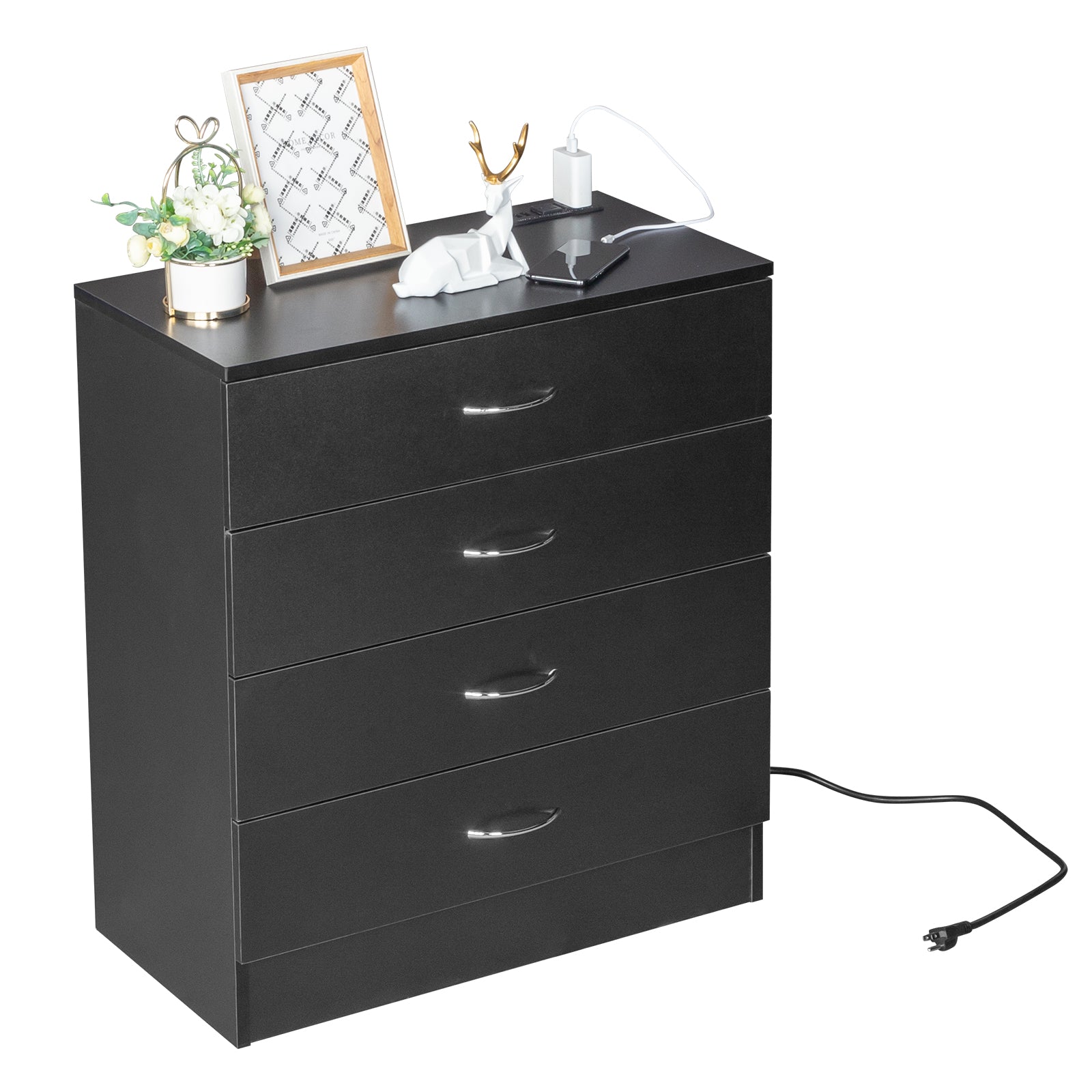 HAOYYE PB Wood Simple 4-Drawer Nightstand Dresser with Built-In USB Ports and Power Outlet, Modern Black Bedside Storage Cabinet, Space-Saving Design, Durable Wood Construction for Bedroom and Living Room