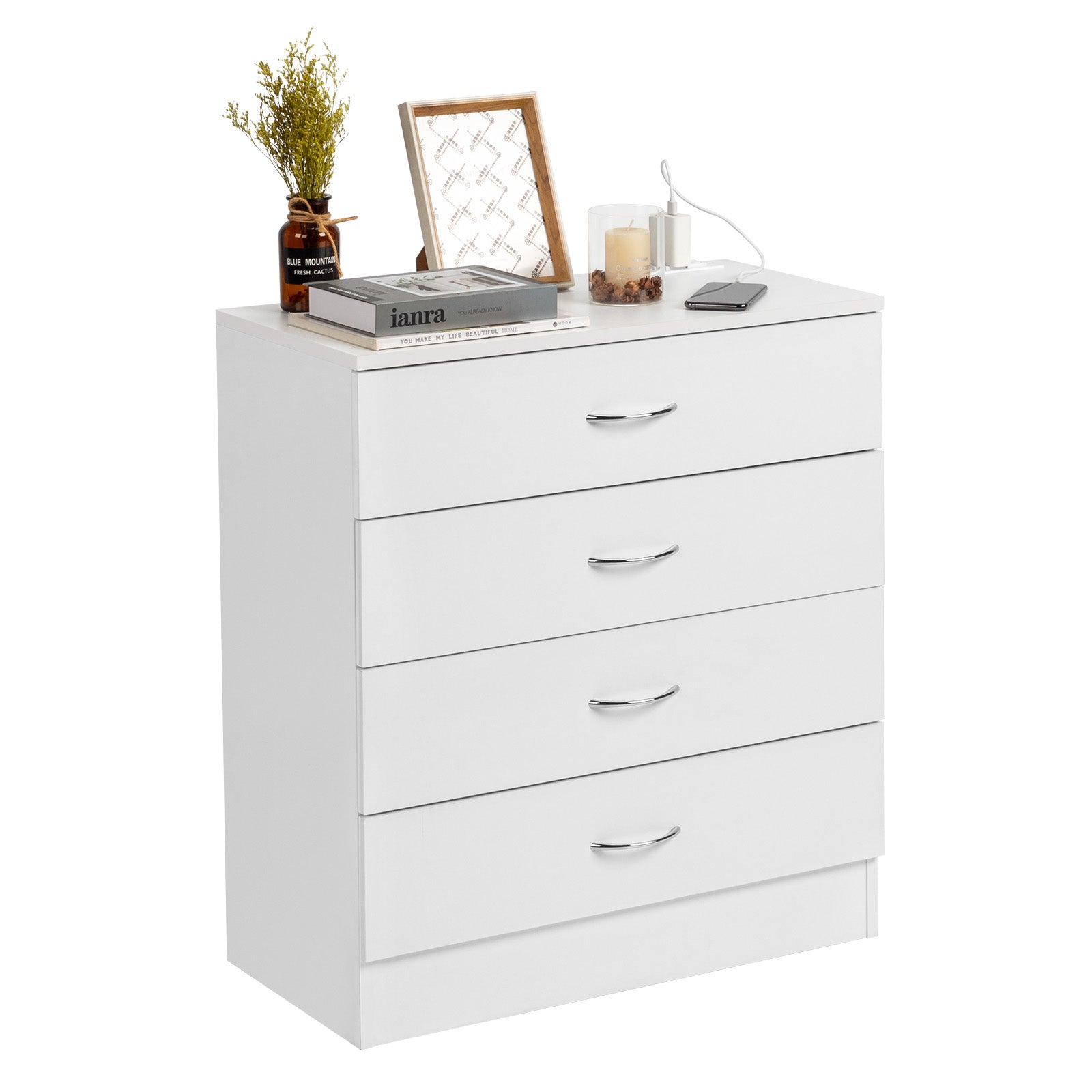 HAOYYE FCH 4-Drawer Nightstand Dresser with USB Ports & Outlet, White – Modern Bedside Table, Storage Cabinet for Bedroom, Living Room, Dorm – Wooden Night Stand with Charging Station, Space-Saving End Table for Small Spaces, Durable PB Wood Furniture