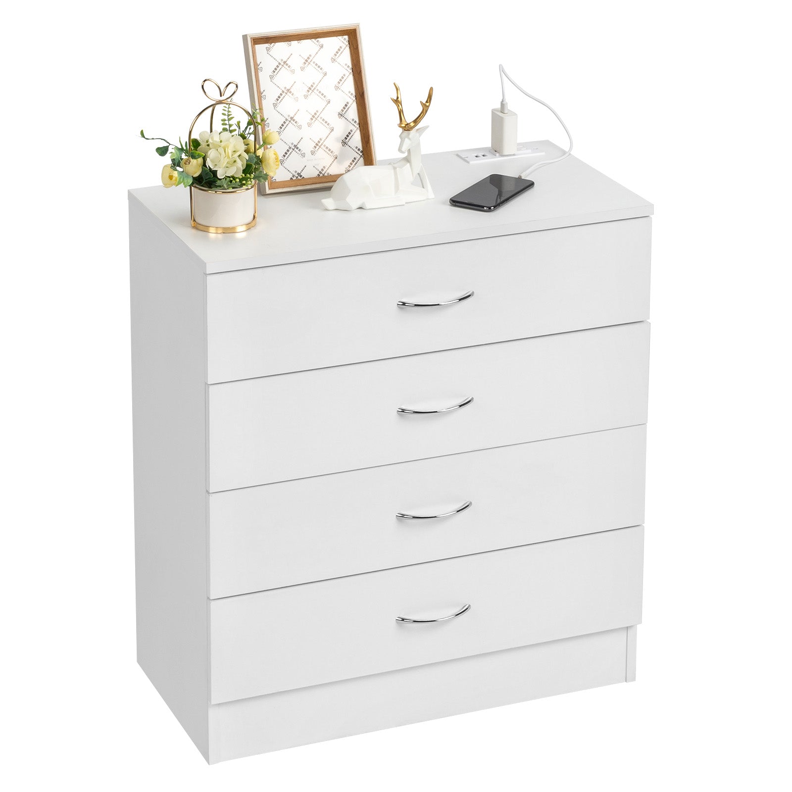 HAOYYE FCH 4-Drawer Nightstand Dresser with USB Ports & Outlet, White – Modern Bedside Table, Storage Cabinet for Bedroom, Living Room, Dorm – Wooden Night Stand with Charging Station, Space-Saving End Table for Small Spaces, Durable PB Wood Furniture
