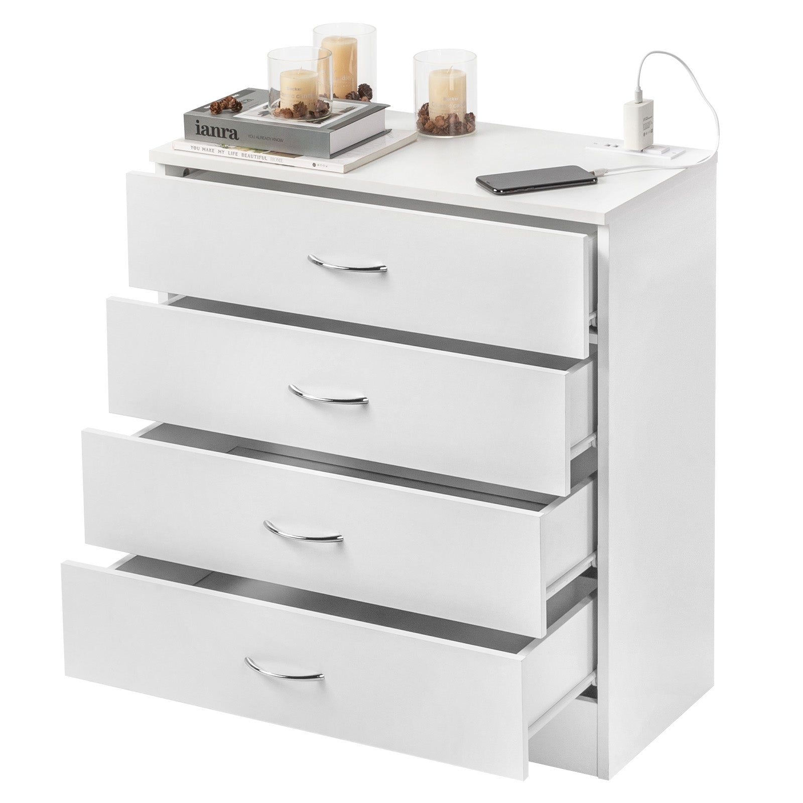 HAOYYE FCH 4-Drawer Nightstand Dresser with USB Ports & Outlet, White – Modern Bedside Table, Storage Cabinet for Bedroom, Living Room, Dorm – Wooden Night Stand with Charging Station, Space-Saving End Table for Small Spaces, Durable PB Wood Furniture