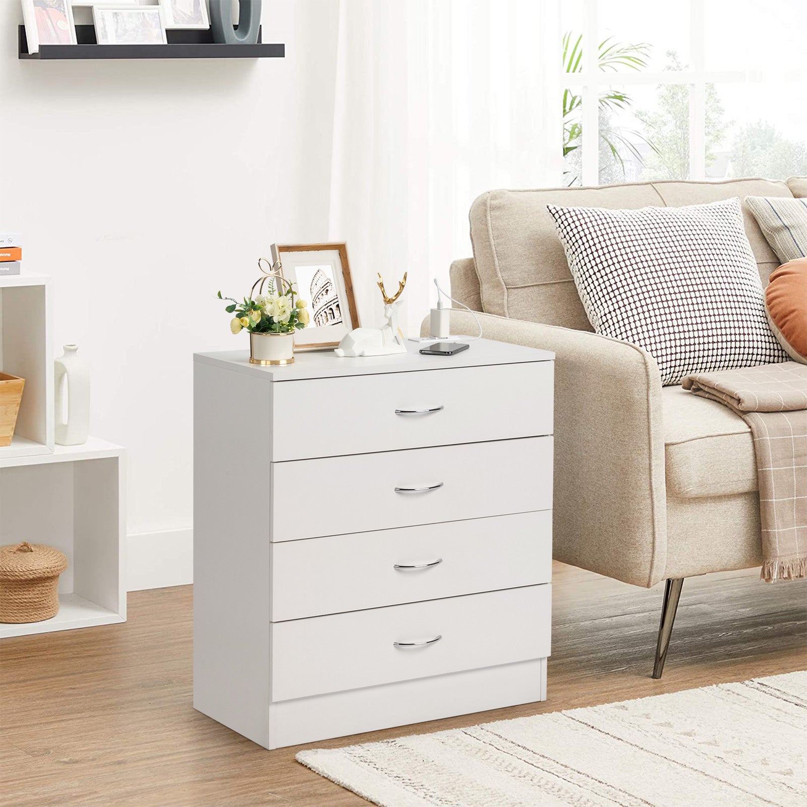 HAOYYE FCH 4-Drawer Nightstand Dresser with USB Ports & Outlet, White – Modern Bedside Table, Storage Cabinet for Bedroom, Living Room, Dorm – Wooden Night Stand with Charging Station, Space-Saving End Table for Small Spaces, Durable PB Wood Furniture