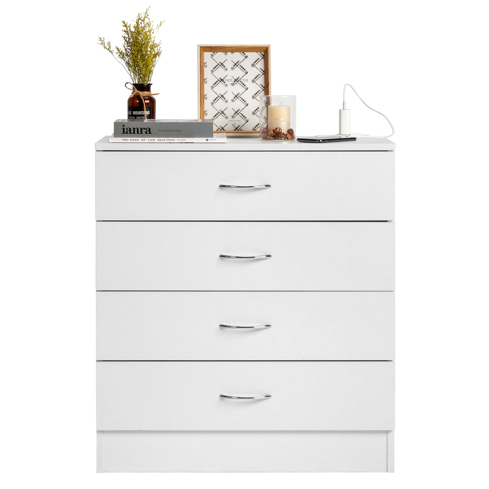 HAOYYE FCH 4-Drawer Nightstand Dresser with USB Ports & Outlet, White – Modern Bedside Table, Storage Cabinet for Bedroom, Living Room, Dorm – Wooden Night Stand with Charging Station, Space-Saving End Table for Small Spaces, Durable PB Wood Furniture