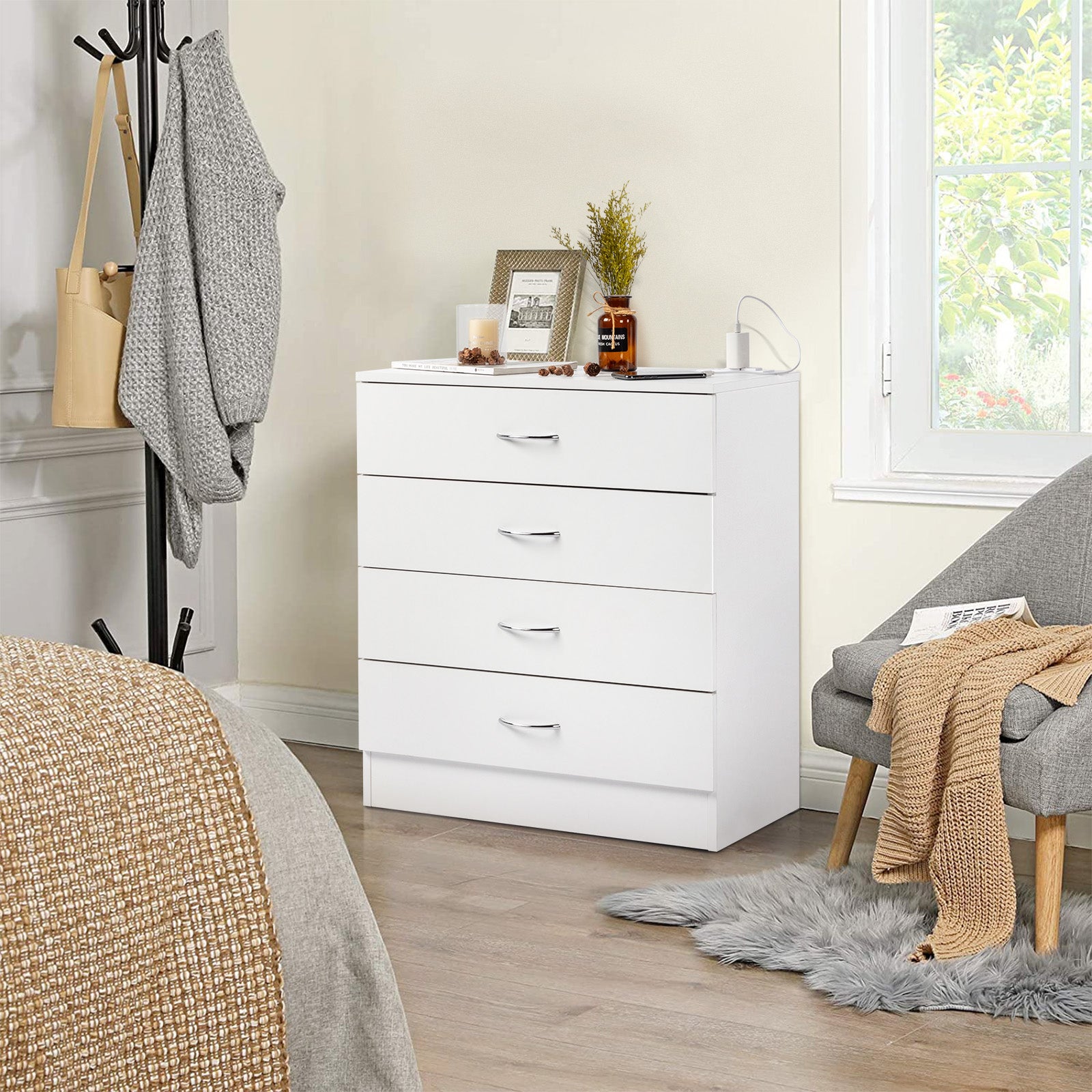 HAOYYE FCH 4-Drawer Nightstand Dresser with USB Ports & Outlet, White – Modern Bedside Table, Storage Cabinet for Bedroom, Living Room, Dorm – Wooden Night Stand with Charging Station, Space-Saving End Table for Small Spaces, Durable PB Wood Furniture