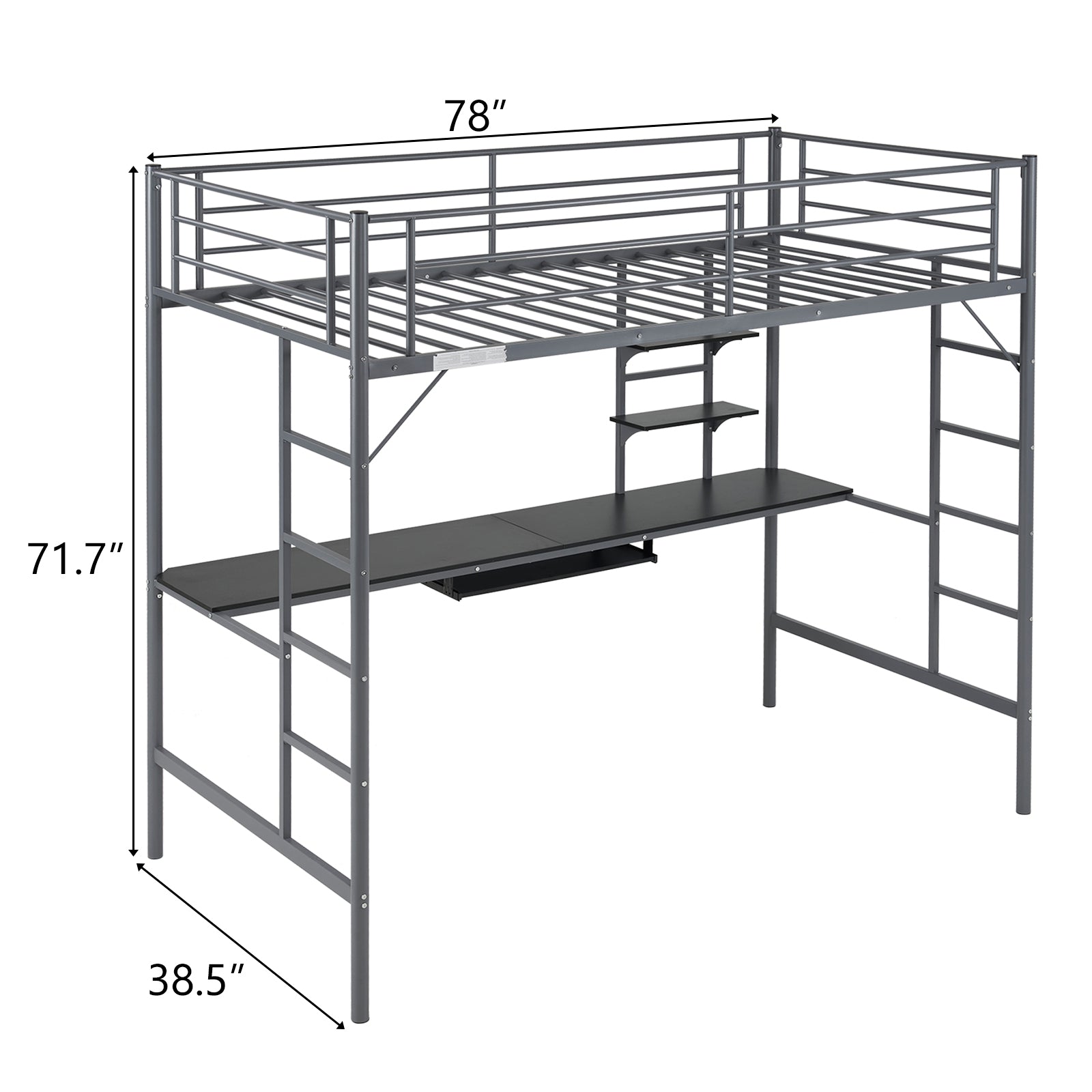 HAOYYE Twin Size Metal Loft Bed with Desk & Storage Shelves, 2 Built-in Ladders, Full-Length Guardrails, No Box Spring Needed, Noise-Free, Sturdy Frame for Teens, Juniors, Adults, Space-Saving Grey Loft Bed Frame