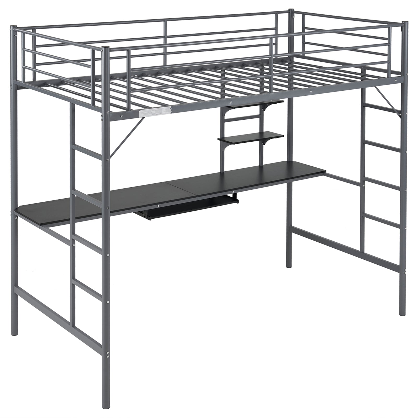 HAOYYE Twin Size Metal Loft Bed with Desk & Storage Shelves, 2 Built-in Ladders, Full-Length Guardrails, No Box Spring Needed, Noise-Free, Sturdy Frame for Teens, Juniors, Adults, Space-Saving Grey Loft Bed Frame