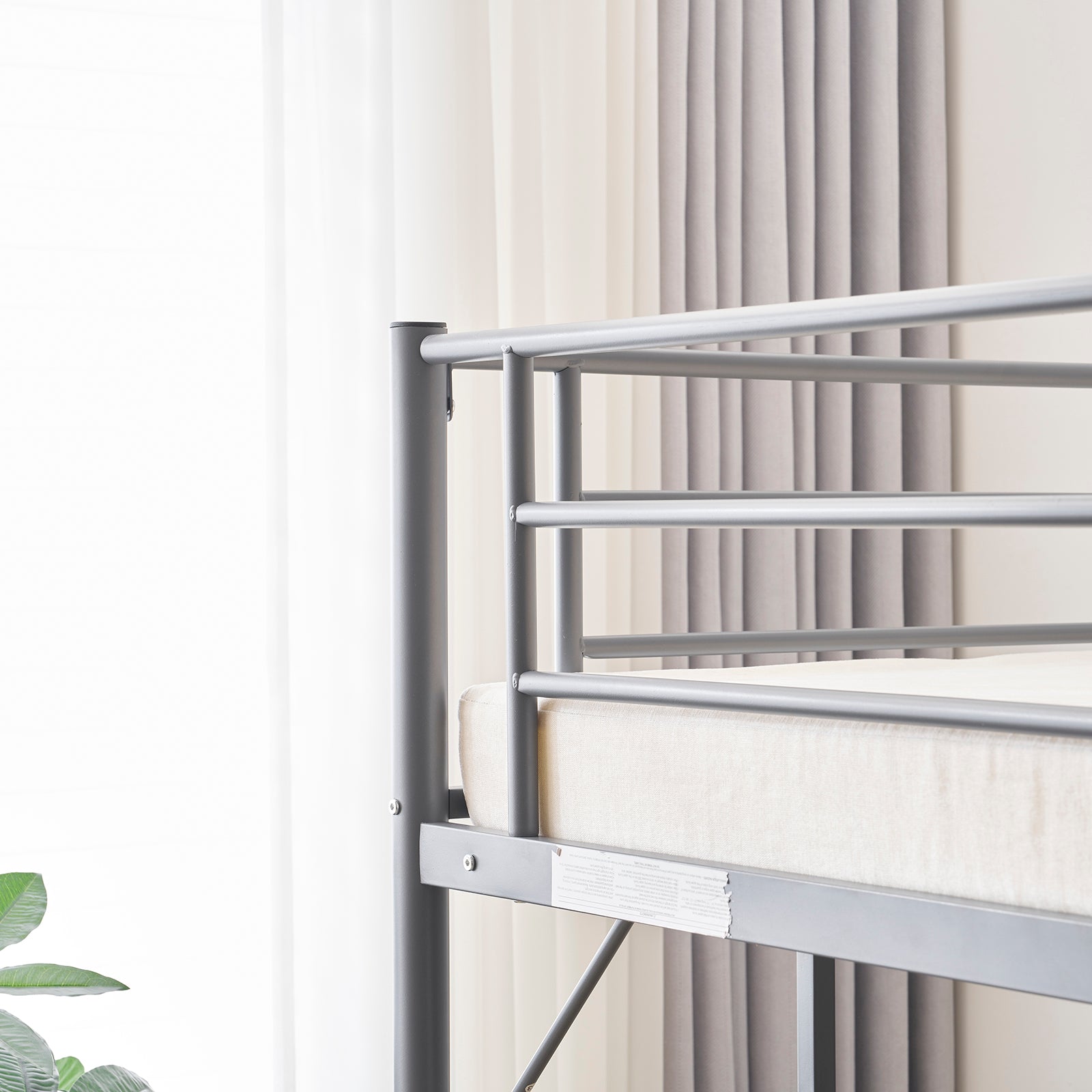 HAOYYE Twin Size Metal Loft Bed with Desk & Storage Shelves, 2 Built-in Ladders, Full-Length Guardrails, No Box Spring Needed, Noise-Free, Sturdy Frame for Teens, Juniors, Adults, Space-Saving Grey Loft Bed Frame