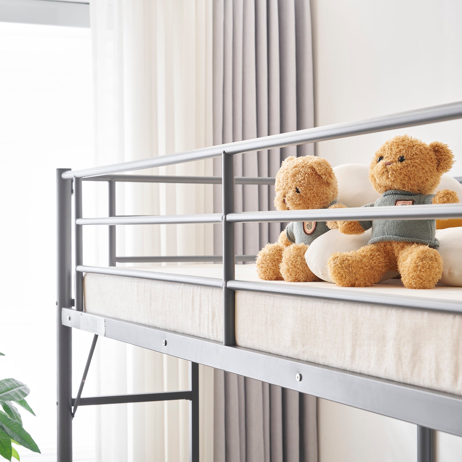 HAOYYE Twin Size Metal Loft Bed with Desk & Storage Shelves, 2 Built-in Ladders, Full-Length Guardrails, No Box Spring Needed, Noise-Free, Sturdy Frame for Teens, Juniors, Adults, Space-Saving Grey Loft Bed Frame