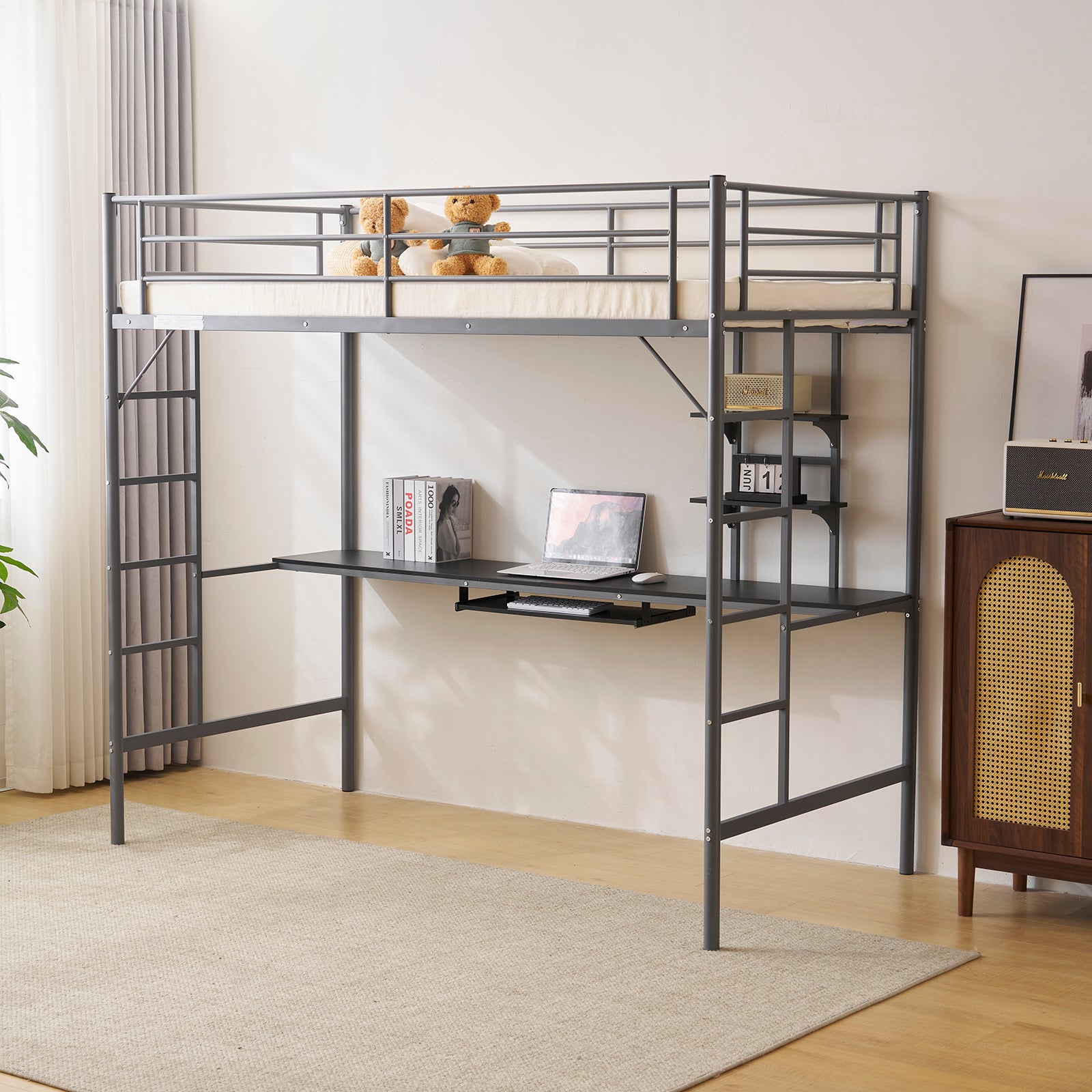 HAOYYE Twin Size Metal Loft Bed with Desk & Storage Shelves, 2 Built-in Ladders, Full-Length Guardrails, No Box Spring Needed, Noise-Free, Sturdy Frame for Teens, Juniors, Adults, Space-Saving Grey Loft Bed Frame