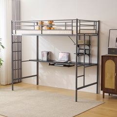 HAOYYE Twin Size Metal Loft Bed with Desk & Storage Shelves, 2 Built-in Ladders, Full-Length Guardrails, No Box Spring Needed, Noise-Free, Sturdy Frame for Teens, Juniors, Adults, Space-Saving Grey Loft Bed Frame