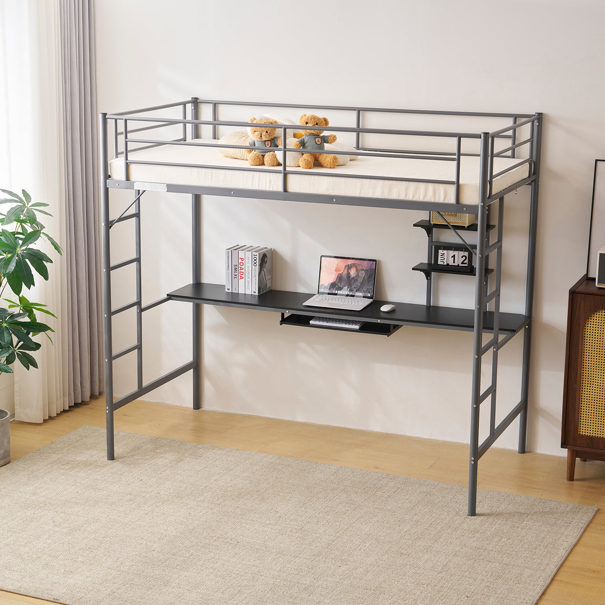 HAOYYE Twin Size Metal Loft Bed with Desk & Storage Shelves, 2 Built-in Ladders, Full-Length Guardrails, No Box Spring Needed, Noise-Free, Sturdy Frame for Teens, Juniors, Adults, Space-Saving Grey Loft Bed Frame