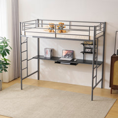 HAOYYE Twin Size Metal Loft Bed with Desk & Storage Shelves, 2 Built-in Ladders, Full-Length Guardrails, No Box Spring Needed, Noise-Free, Sturdy Frame for Teens, Juniors, Adults, Space-Saving Grey Loft Bed Frame