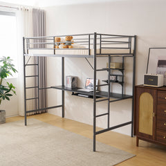 HAOYYE Twin Size Metal Loft Bed with Desk & Storage Shelves, 2 Built-in Ladders, Full-Length Guardrails, No Box Spring Needed, Noise-Free, Sturdy Frame for Teens, Juniors, Adults, Space-Saving Grey Loft Bed Frame