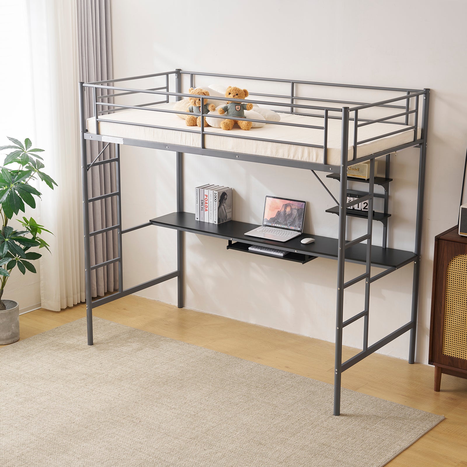 HAOYYE Twin Size Metal Loft Bed with Desk & Storage Shelves, 2 Built-in Ladders, Full-Length Guardrails, No Box Spring Needed, Noise-Free, Sturdy Frame for Teens, Juniors, Adults, Space-Saving Grey Loft Bed Frame