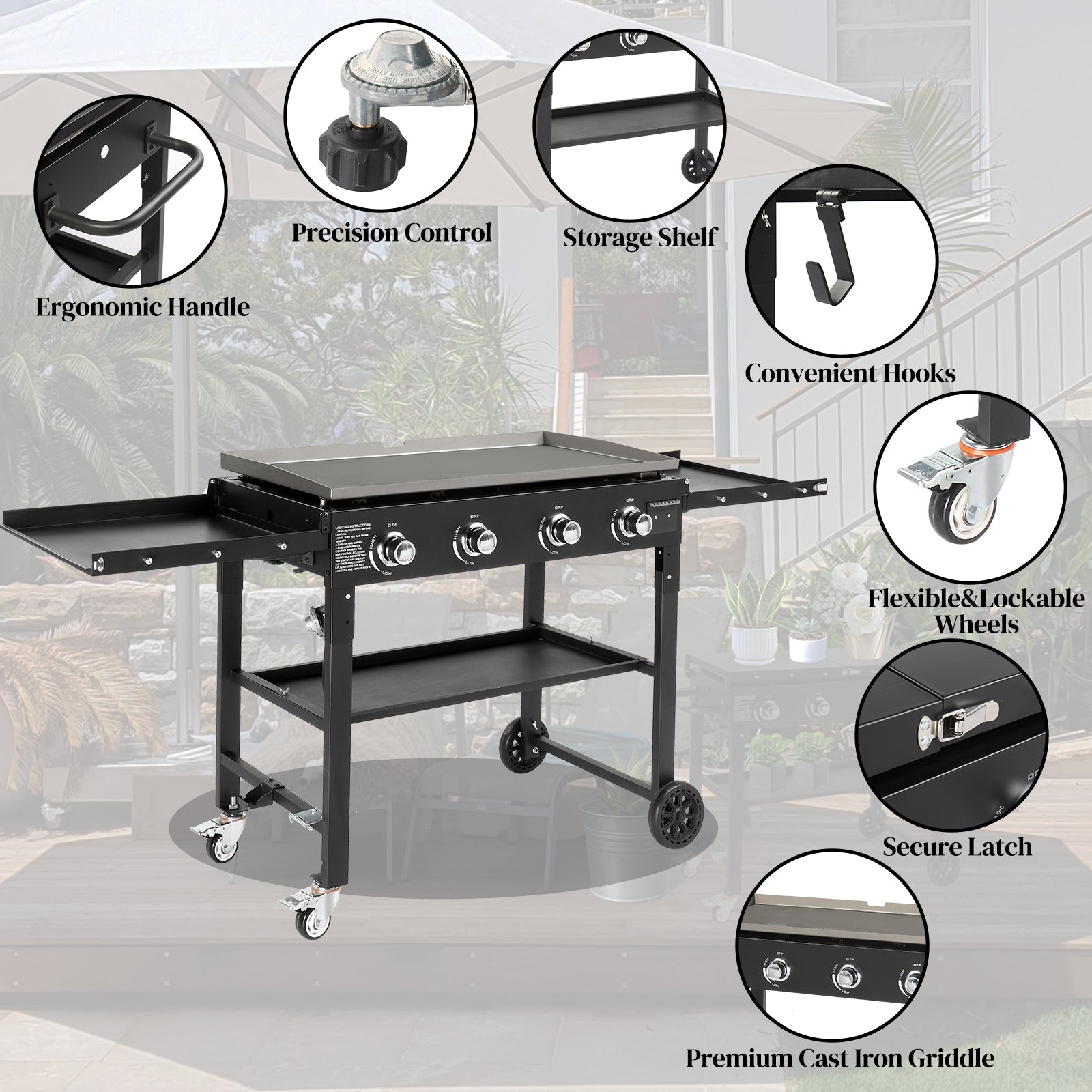HAOYYE Foldable 4 Burner Flat Top Gas Griddle Cooking Station Propane Fueled Outdoor Griddle Grill with Side Shelves for Patio Backyard BBQ Camping Picnic Tailgate Cookout