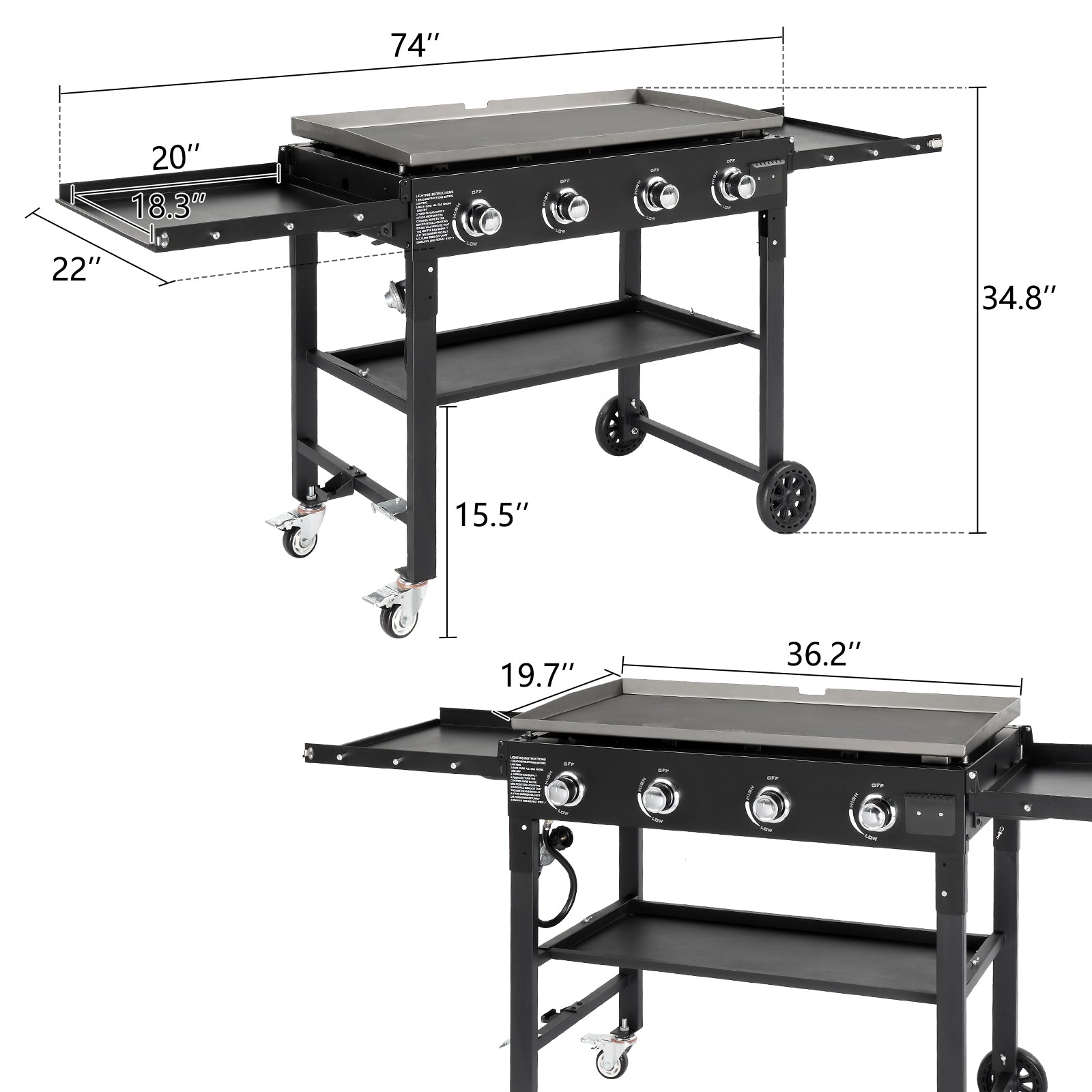 HAOYYE Foldable 4 Burner Flat Top Gas Griddle Cooking Station Propane Fueled Outdoor Griddle Grill with Side Shelves for Patio Backyard BBQ Camping Picnic Tailgate Cookout
