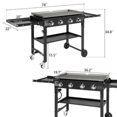 HAOYYE Foldable 4 Burner Flat Top Gas Griddle Cooking Station Propane Fueled Outdoor Griddle Grill with Side Shelves for Patio Backyard BBQ Camping Picnic Tailgate Cookout