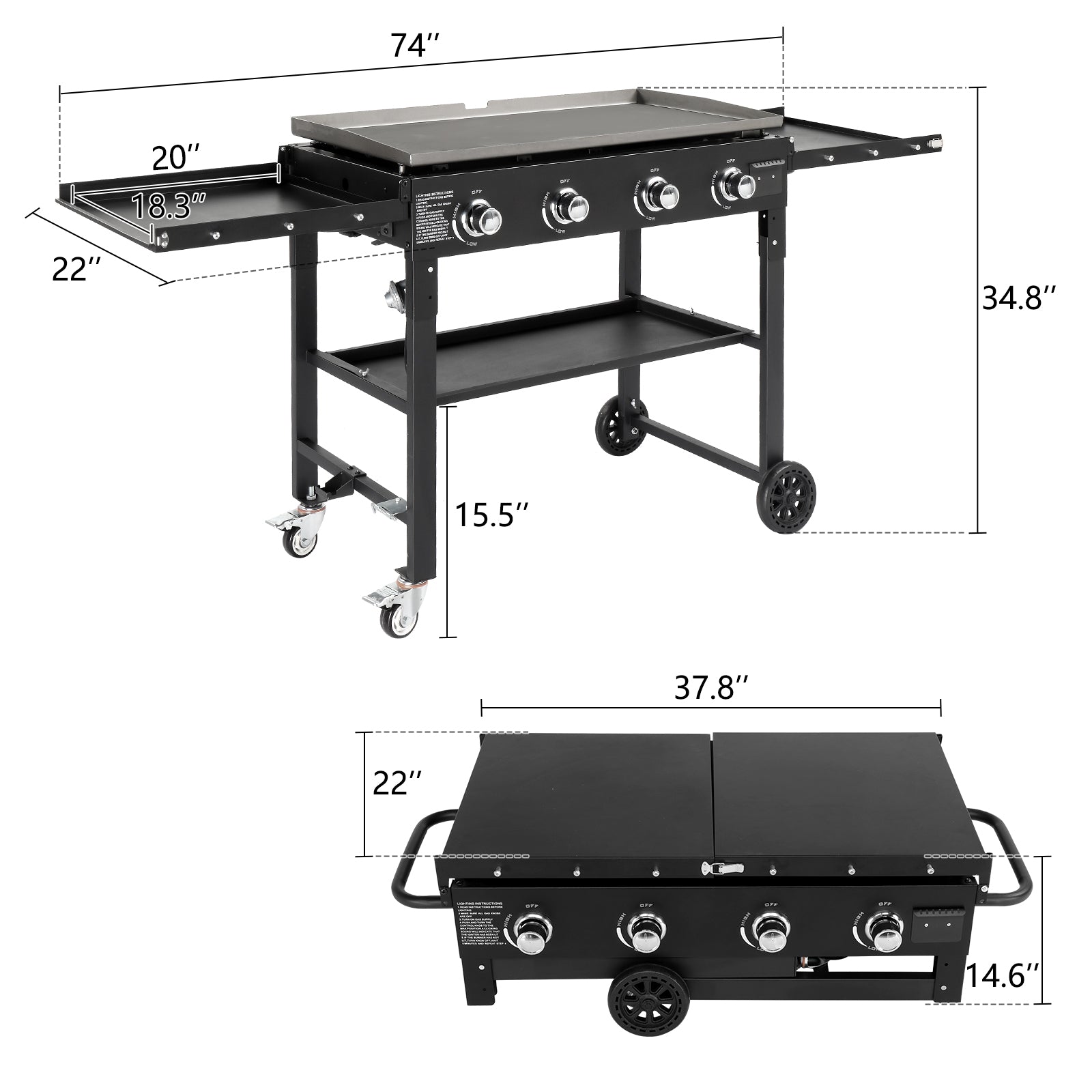 HAOYYE Foldable 4 Burner Flat Top Gas Griddle Cooking Station Propane Fueled Outdoor Griddle Grill with Side Shelves for Patio Backyard BBQ Camping Picnic Tailgate Cookout