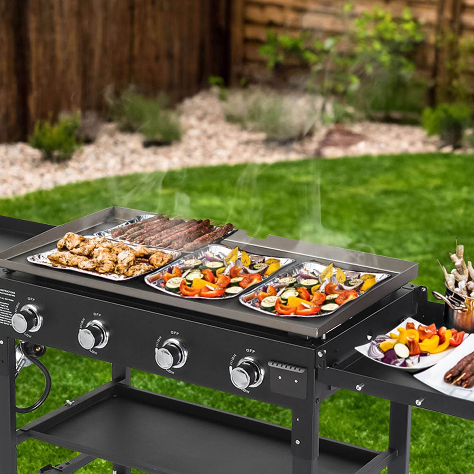 HAOYYE Foldable 4 Burner Flat Top Gas Griddle Cooking Station Propane Fueled Outdoor Griddle Grill with Side Shelves for Patio Backyard BBQ Camping Picnic Tailgate Cookout