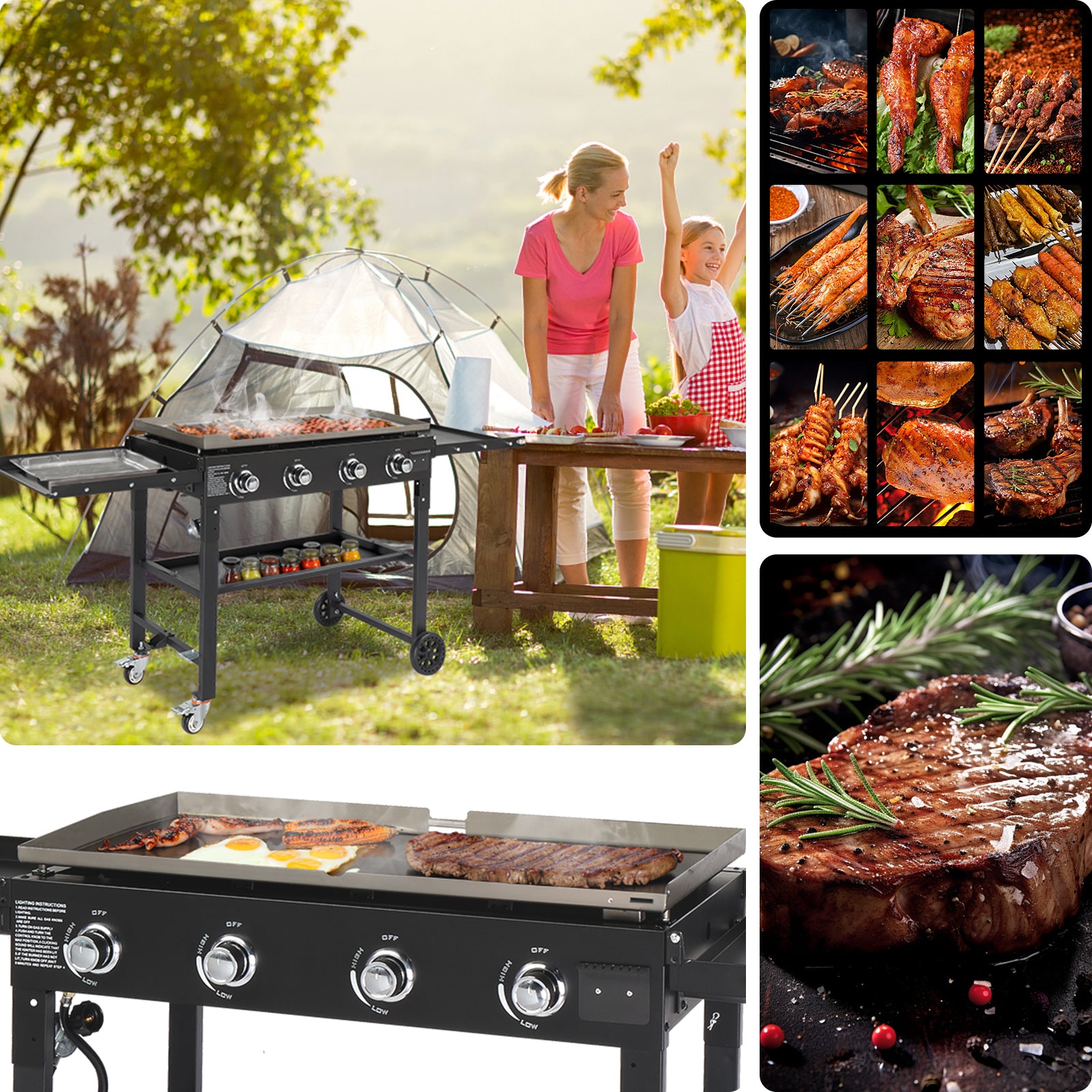 HAOYYE Foldable 4 Burner Flat Top Gas Griddle Cooking Station Propane Fueled Outdoor Griddle Grill with Side Shelves for Patio Backyard BBQ Camping Picnic Tailgate Cookout