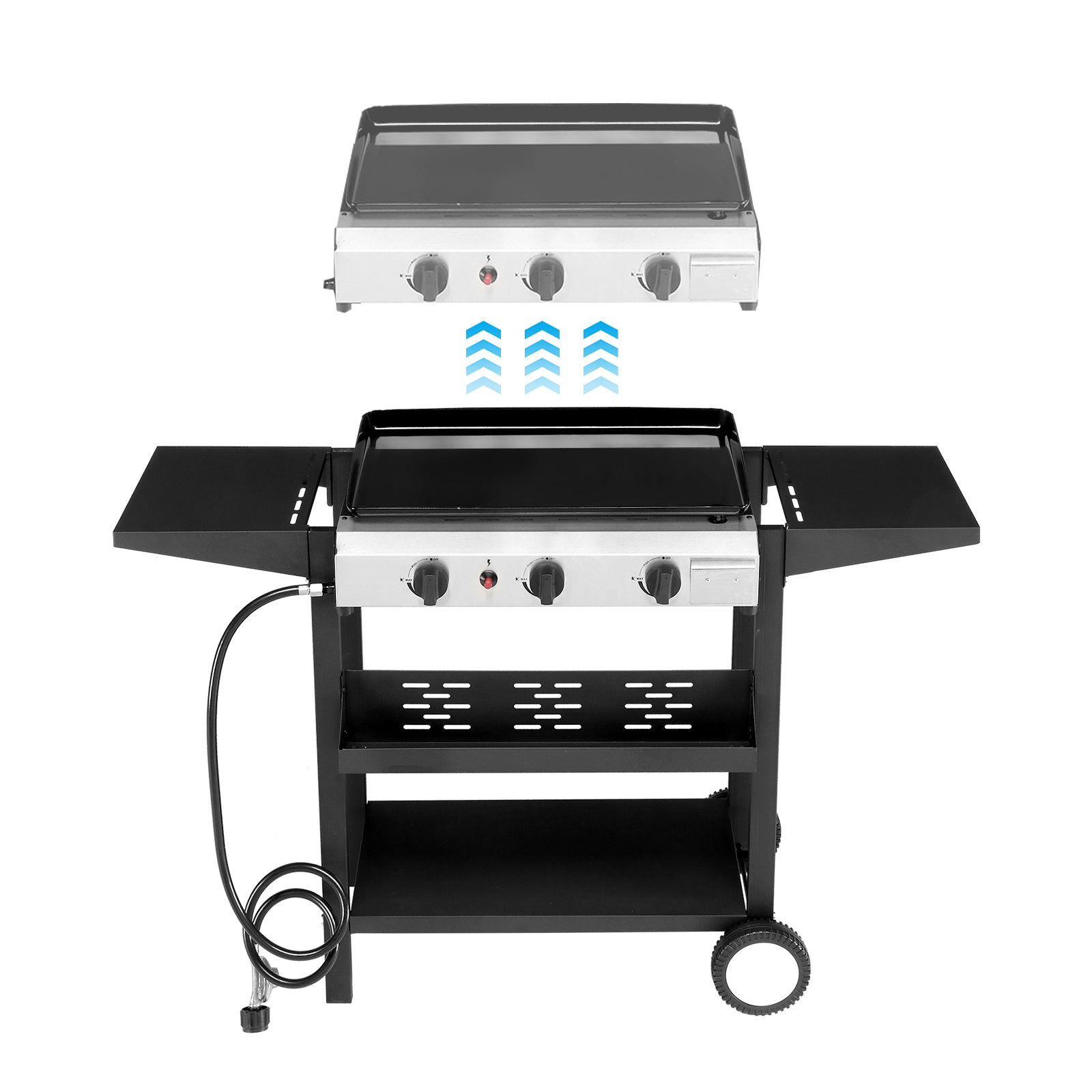 HAOYYE 3-Burner Flat Top Gas Griddle Cooking Station with Ceramic Coated Cast Iron Pan, Powerful 30000 BTU Propane Griddle with Convenient Side Shelves and Spice Rack, Durable Outdoor Barbecue Grill for Backyard Cookouts and Parties