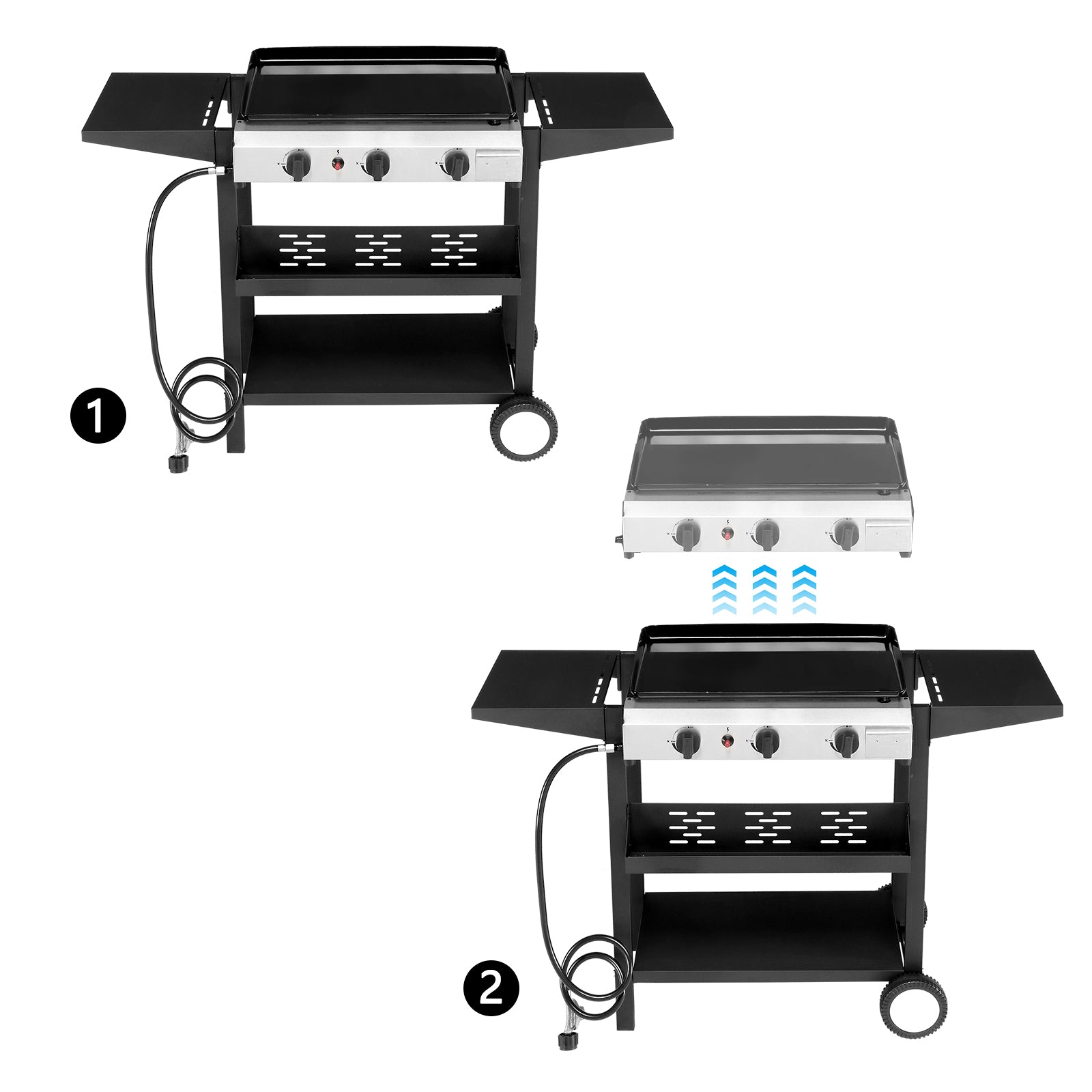 HAOYYE 3-Burner Flat Top Gas Griddle Cooking Station with Ceramic Coated Cast Iron Pan, Powerful 30000 BTU Propane Griddle with Convenient Side Shelves and Spice Rack, Durable Outdoor Barbecue Grill for Backyard Cookouts and Parties