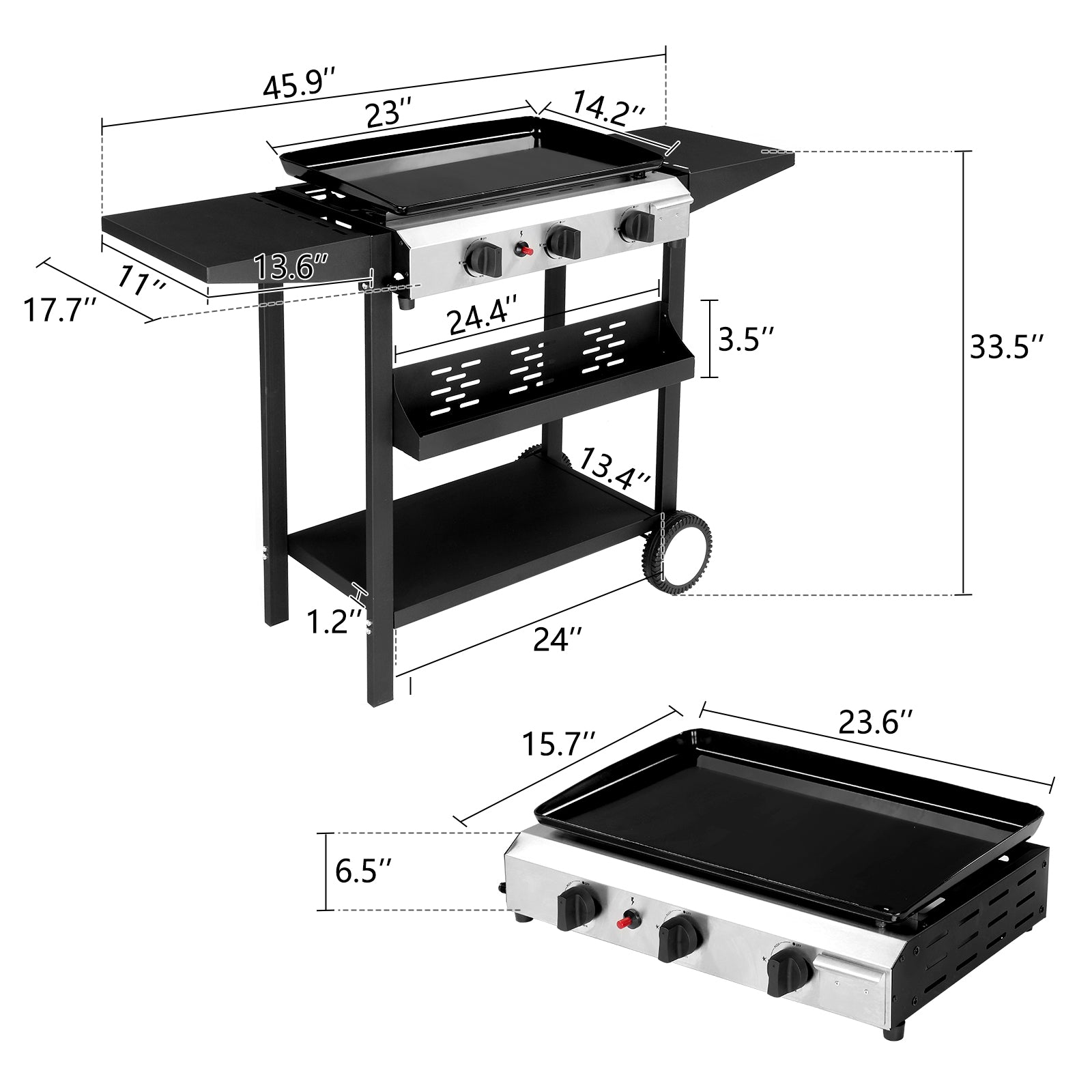 HAOYYE 3-Burner Flat Top Gas Griddle Cooking Station with Ceramic Coated Cast Iron Pan, Powerful 30000 BTU Propane Griddle with Convenient Side Shelves and Spice Rack, Durable Outdoor Barbecue Grill for Backyard Cookouts and Parties