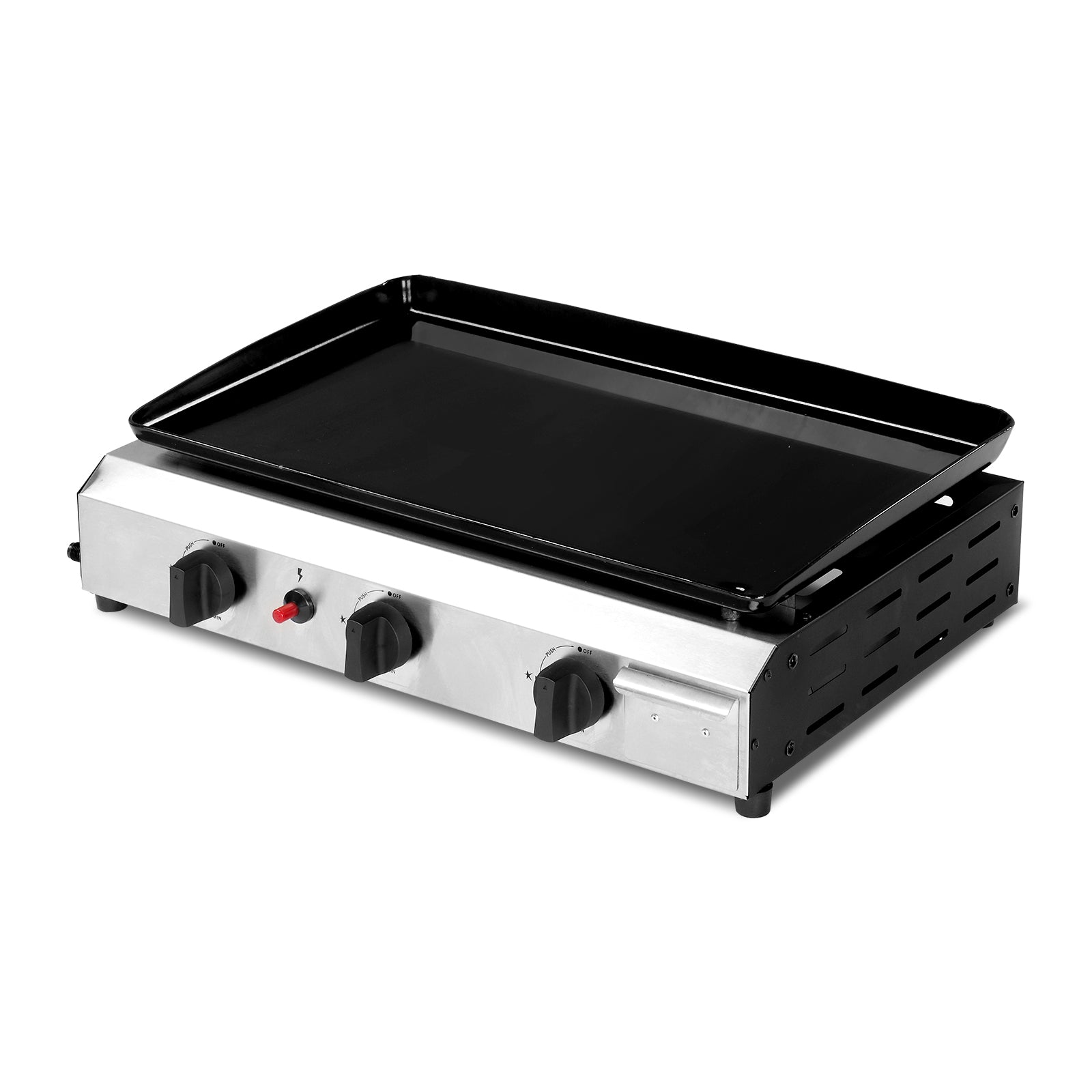 HAOYYE 3-Burner Flat Top Gas Griddle Cooking Station with Ceramic Coated Cast Iron Pan, Powerful 30000 BTU Propane Griddle with Convenient Side Shelves and Spice Rack, Durable Outdoor Barbecue Grill for Backyard Cookouts and Parties