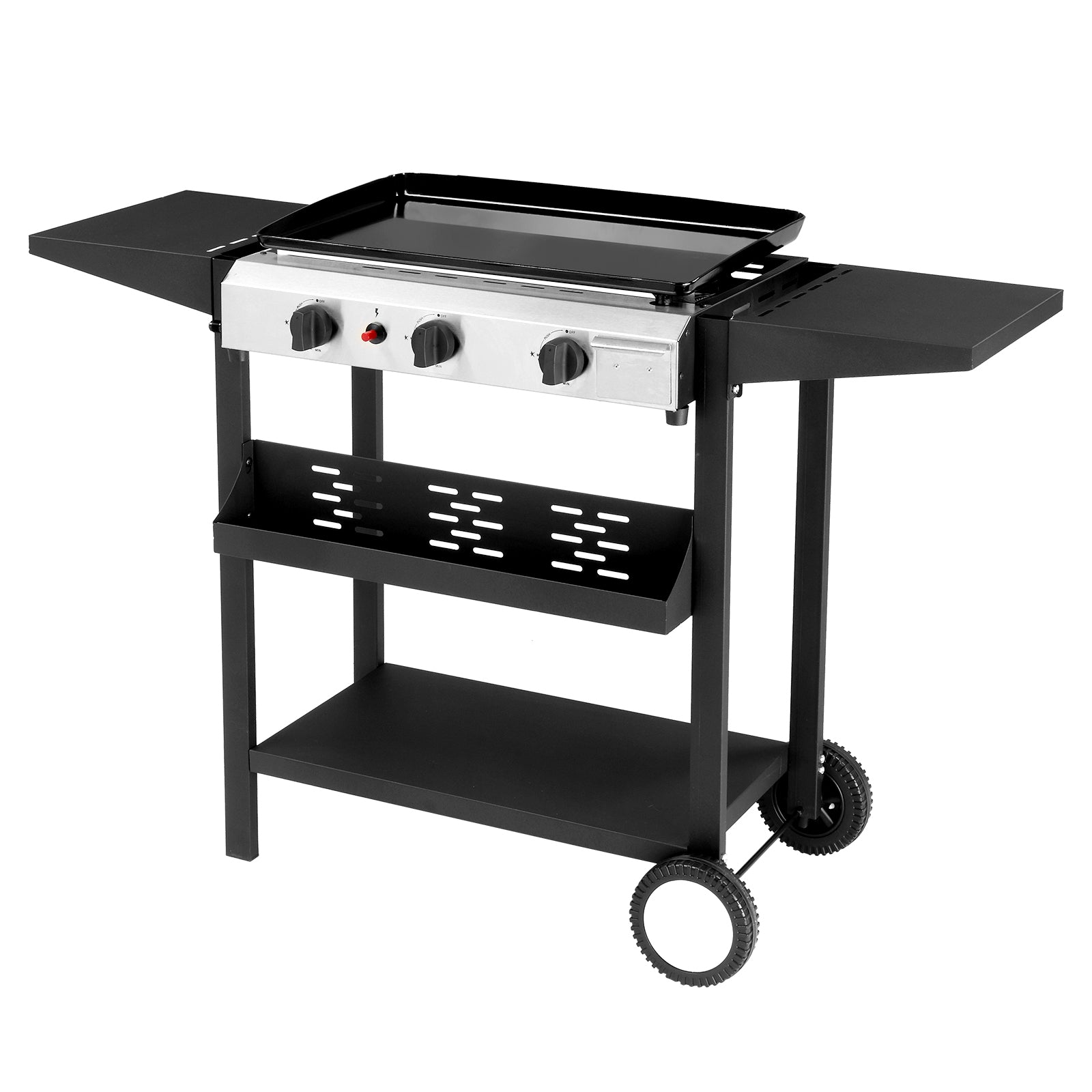 HAOYYE 3-Burner Flat Top Gas Griddle Cooking Station with Ceramic Coated Cast Iron Pan, Powerful 30000 BTU Propane Griddle with Convenient Side Shelves and Spice Rack, Durable Outdoor Barbecue Grill for Backyard Cookouts and Parties
