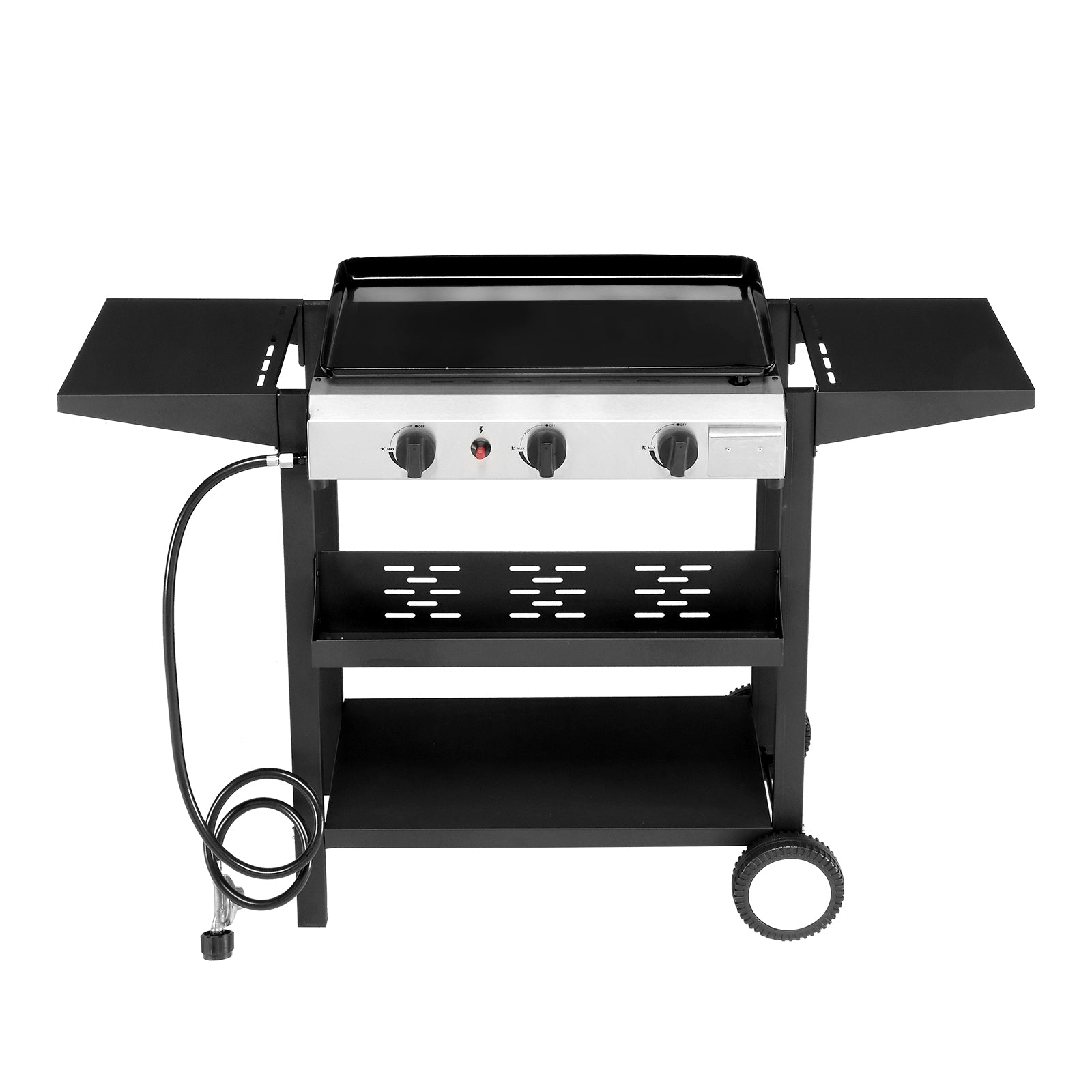 HAOYYE 3-Burner Flat Top Gas Griddle Cooking Station with Ceramic Coated Cast Iron Pan, Powerful 30000 BTU Propane Griddle with Convenient Side Shelves and Spice Rack, Durable Outdoor Barbecue Grill for Backyard Cookouts and Parties