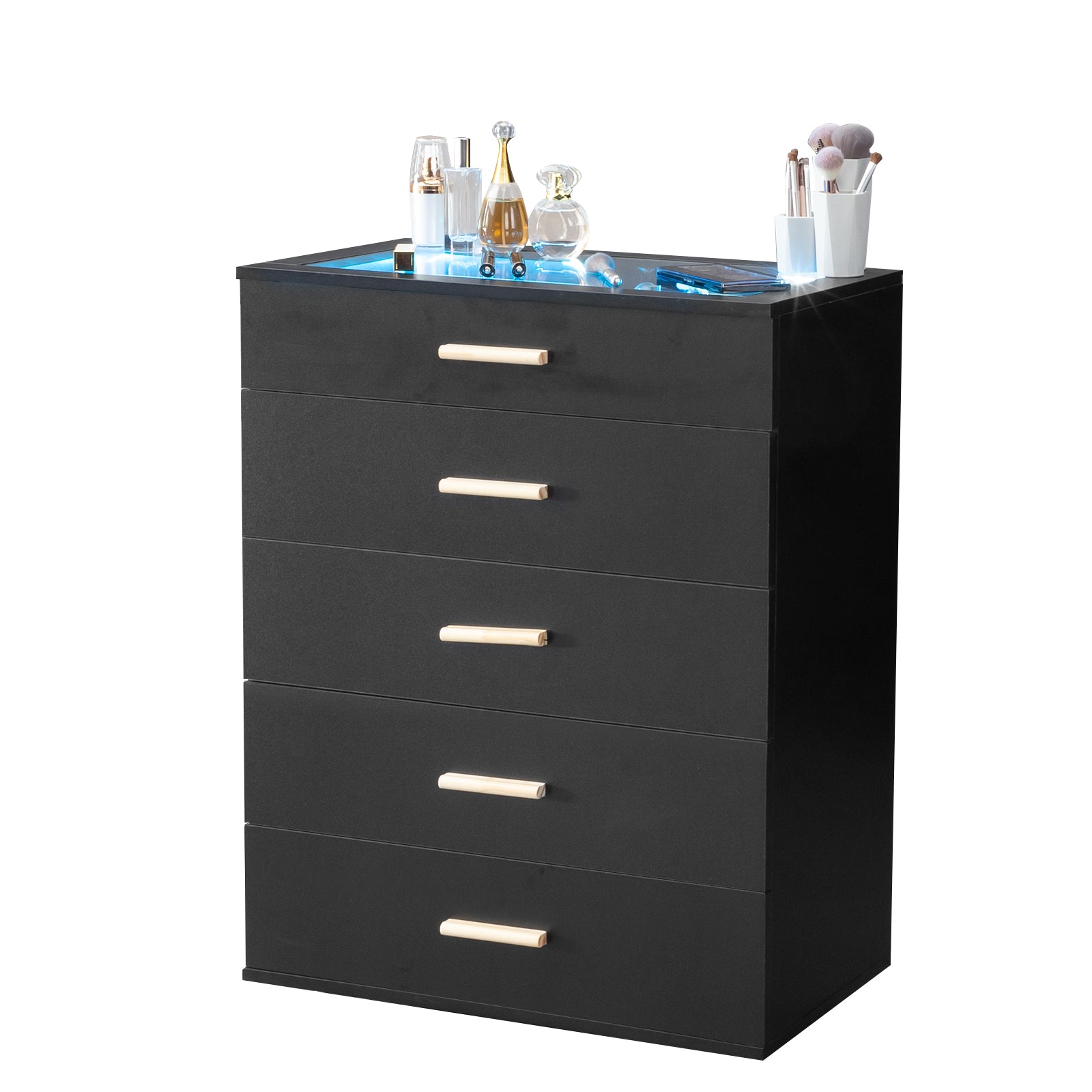 HAOYYE Black Pitted Particleboard Drawer Cabinet with RGB LED Lights, 5 Drawers, Tempered Glass Panels, Modern Multifunctional Storage Unit for Bedroom/Living Room, 66x35x83cm, Contemporary Design, Space-Saving Furniture