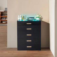 HAOYYE Black Pitted Particleboard Drawer Cabinet with RGB LED Lights, 5 Drawers, Tempered Glass Panels, Modern Multifunctional Storage Unit for Bedroom/Living Room, 66x35x83cm, Contemporary Design, Space-Saving Furniture