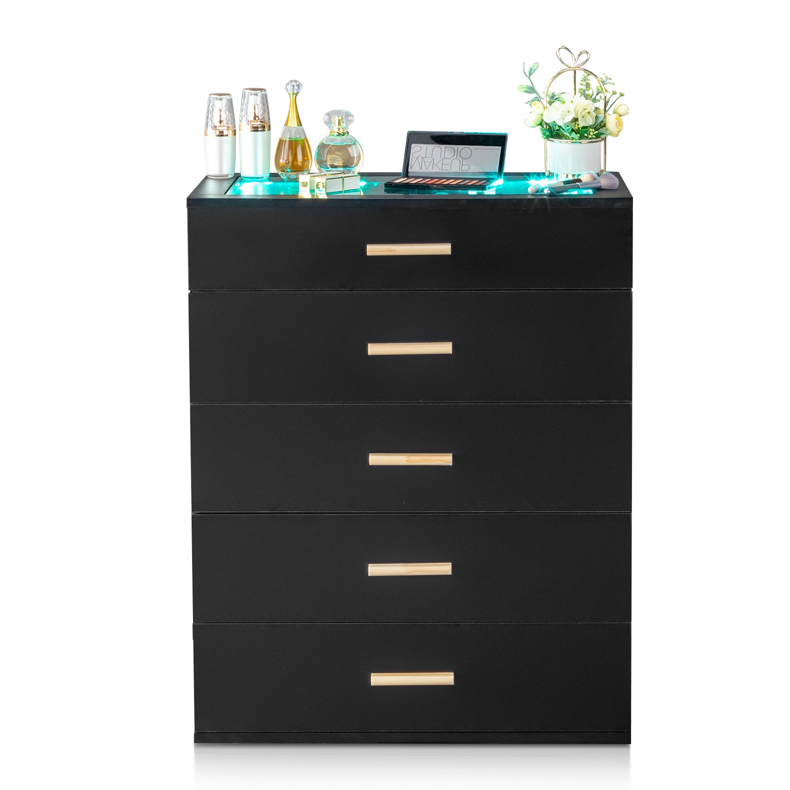 HAOYYE Black Pitted Particleboard Drawer Cabinet with RGB LED Lights, 5 Drawers, Tempered Glass Panels, Modern Multifunctional Storage Unit for Bedroom/Living Room, 66x35x83cm, Contemporary Design, Space-Saving Furniture