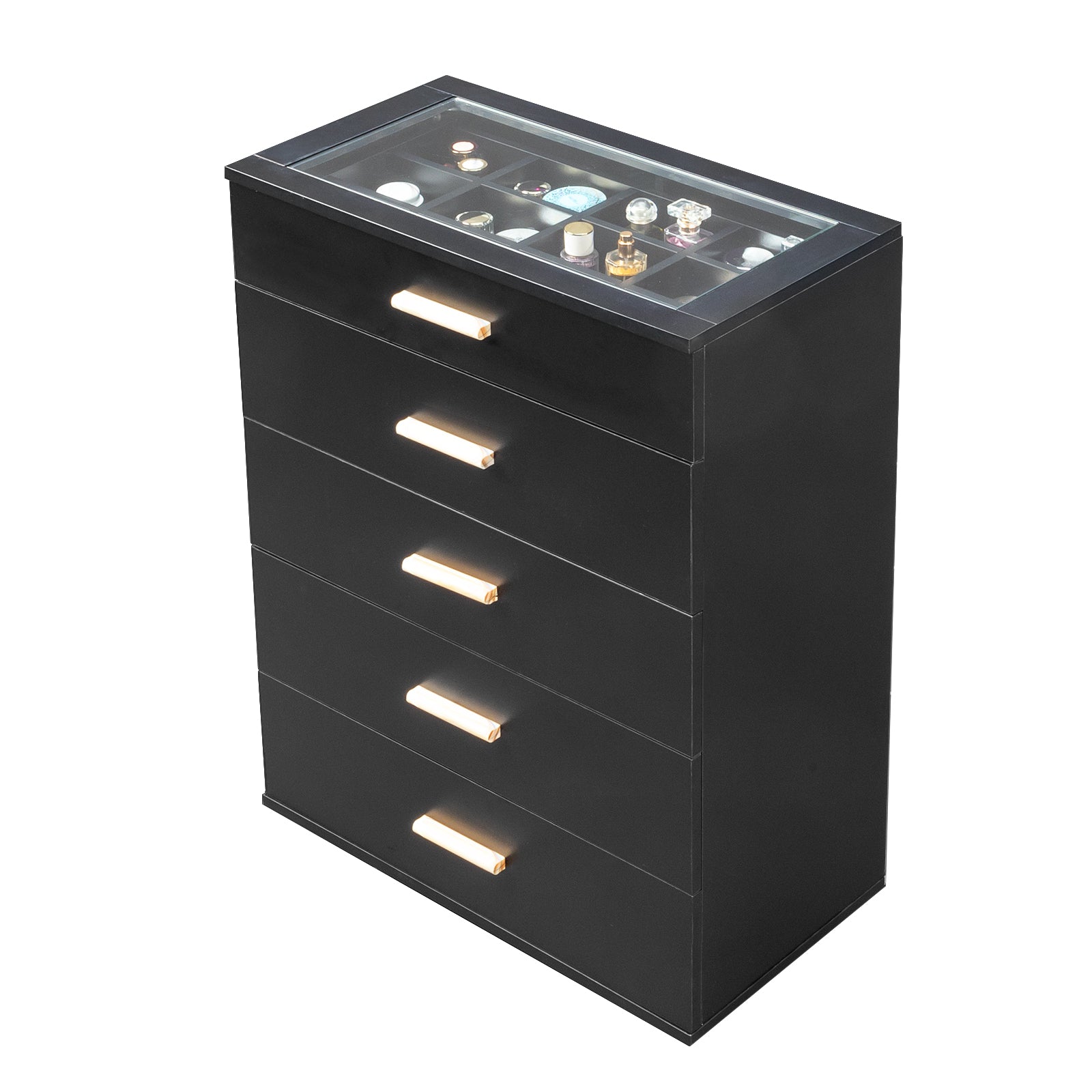 HAOYYE Black Pitted Particleboard Drawer Cabinet with RGB LED Lights, 5 Drawers, Tempered Glass Panels, Modern Multifunctional Storage Unit for Bedroom/Living Room, 66x35x83cm, Contemporary Design, Space-Saving Furniture