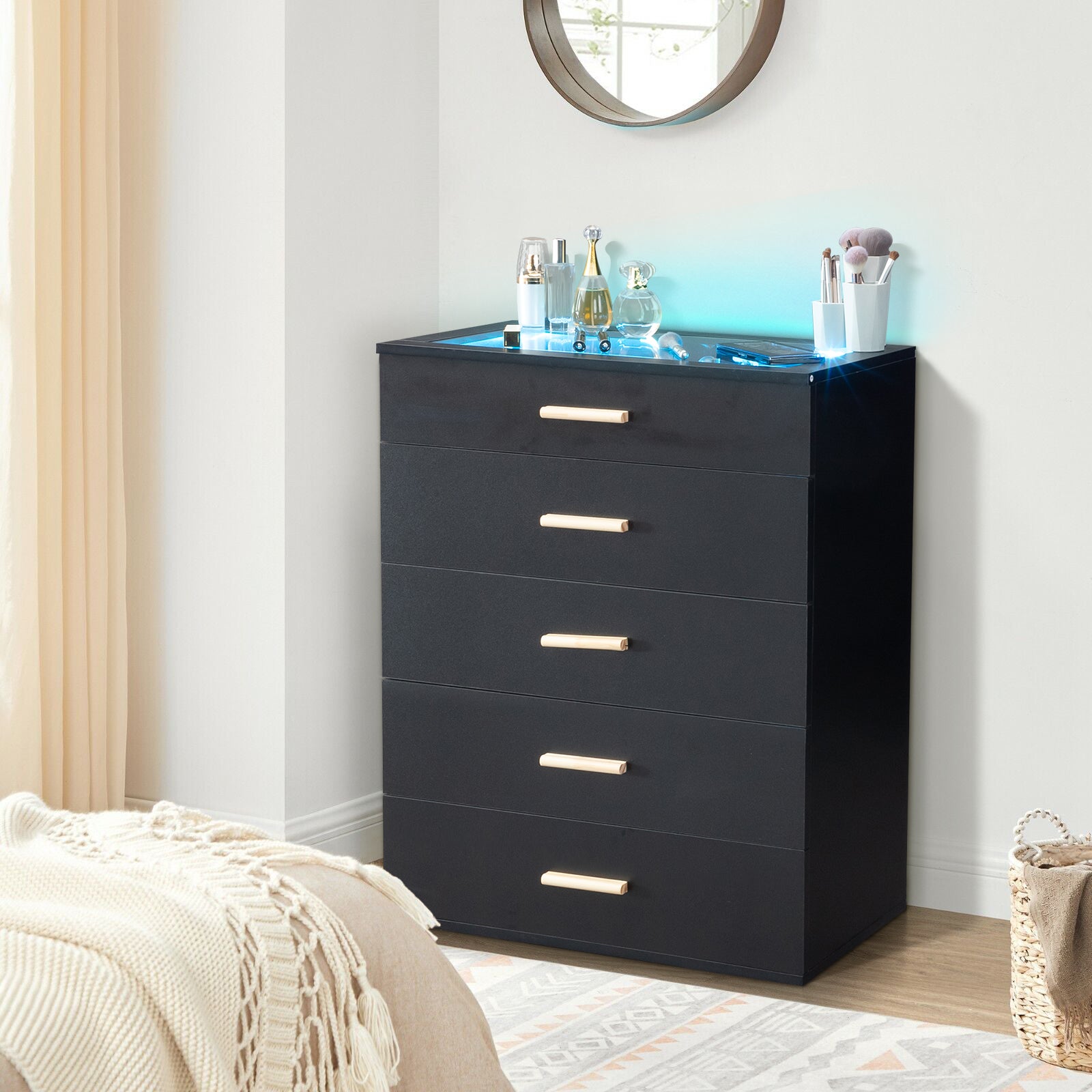HAOYYE Black Pitted Particleboard Drawer Cabinet with RGB LED Lights, 5 Drawers, Tempered Glass Panels, Modern Multifunctional Storage Unit for Bedroom/Living Room, 66x35x83cm, Contemporary Design, Space-Saving Furniture
