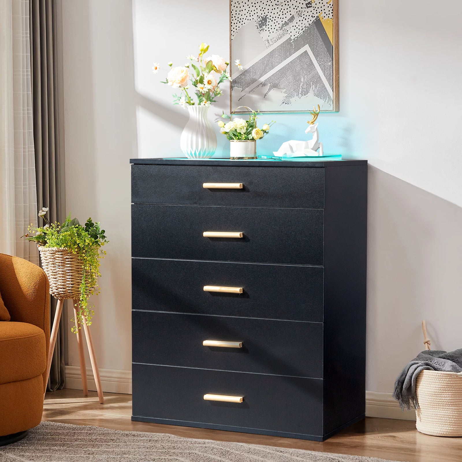 HAOYYE Black Pitted Particleboard Drawer Cabinet with RGB LED Lights, 5 Drawers, Tempered Glass Panels, Modern Multifunctional Storage Unit for Bedroom/Living Room, 66x35x83cm, Contemporary Design, Space-Saving Furniture