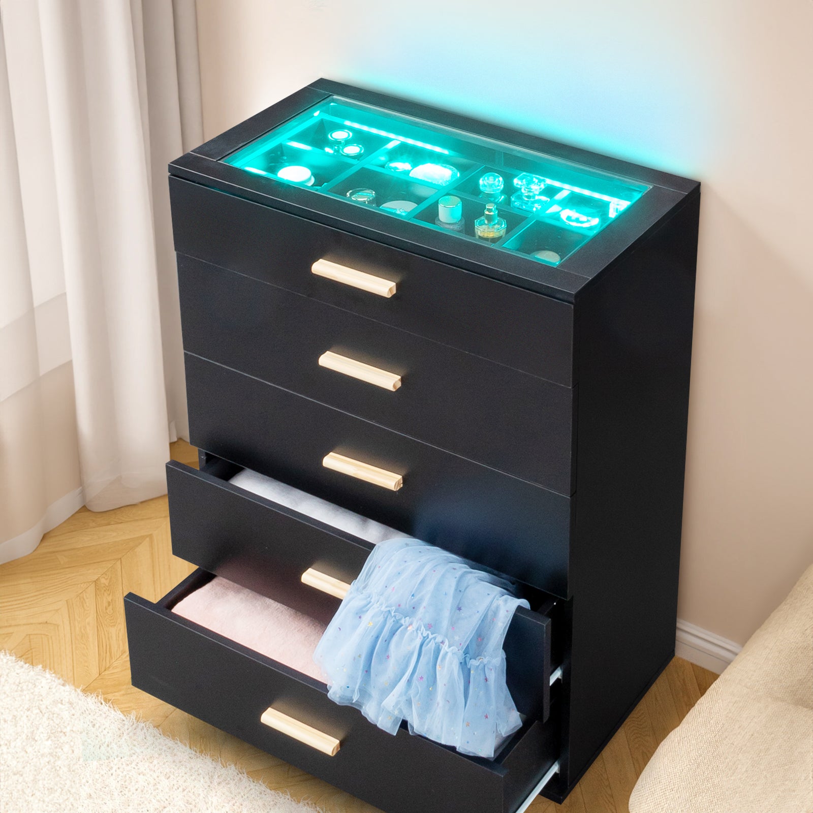 HAOYYE Black Pitted Particleboard Drawer Cabinet with RGB LED Lights, 5 Drawers, Tempered Glass Panels, Modern Multifunctional Storage Unit for Bedroom/Living Room, 66x35x83cm, Contemporary Design, Space-Saving Furniture