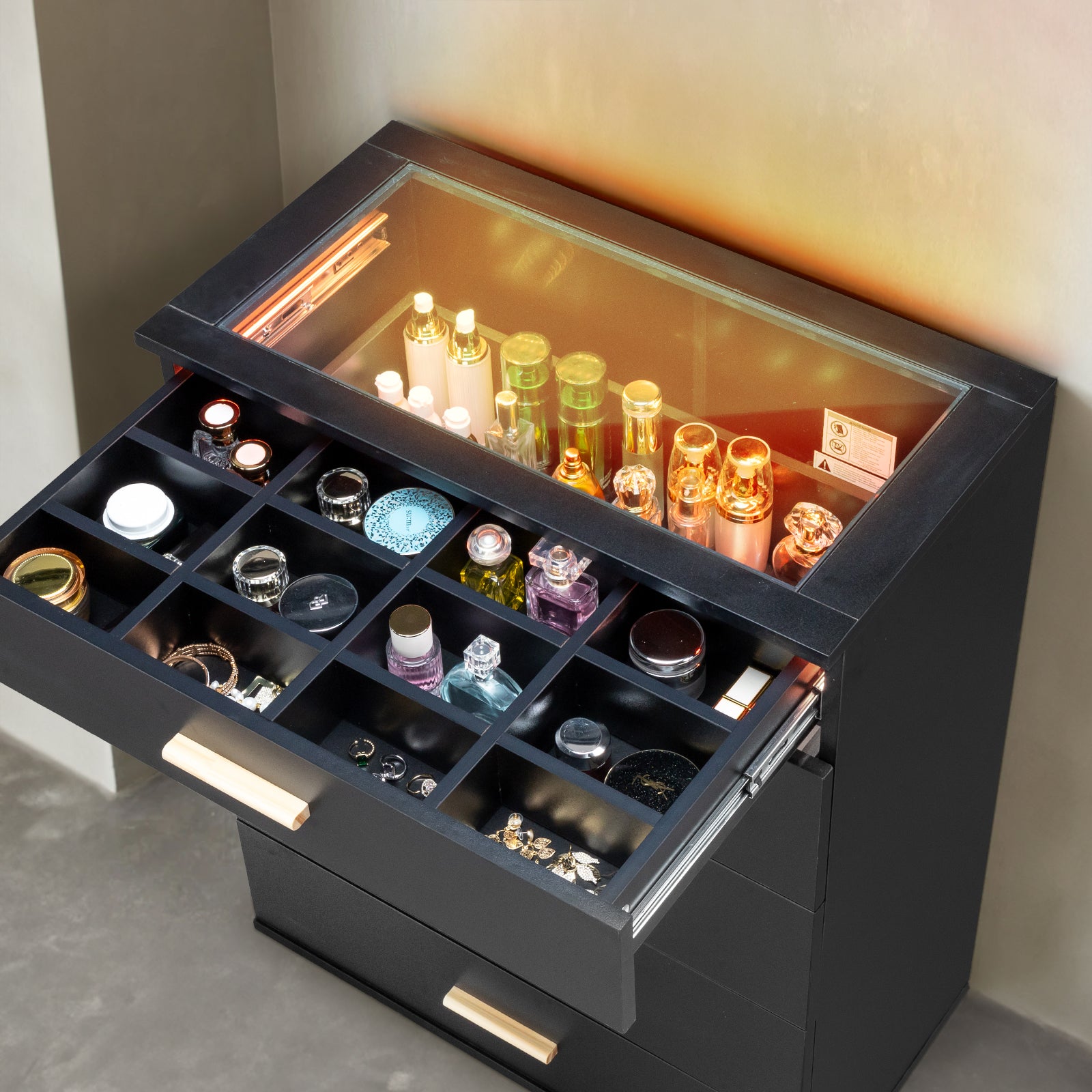 HAOYYE Black Pitted Particleboard Drawer Cabinet with RGB LED Lights, 5 Drawers, Tempered Glass Panels, Modern Multifunctional Storage Unit for Bedroom/Living Room, 66x35x83cm, Contemporary Design, Space-Saving Furniture
