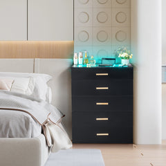 HAOYYE Black Pitted Particleboard Drawer Cabinet with RGB LED Lights, 5 Drawers, Tempered Glass Panels, Modern Multifunctional Storage Unit for Bedroom/Living Room, 66x35x83cm, Contemporary Design, Space-Saving Furniture