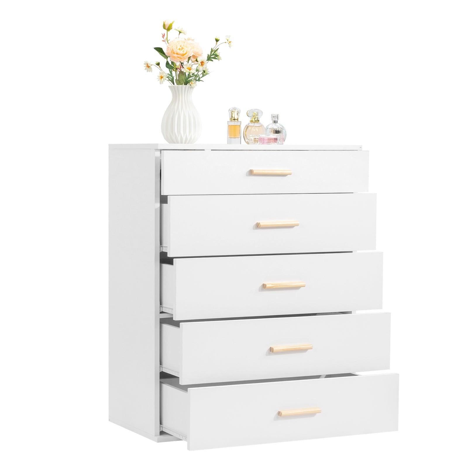 HAOYYE White Pitted Particleboard Drawer Cabinet with RGB LED Lights, 5 Drawers, Tempered Glass Panels, Modern Storage Solution,  Multifunctional Bedroom/Living Room Storage Unit