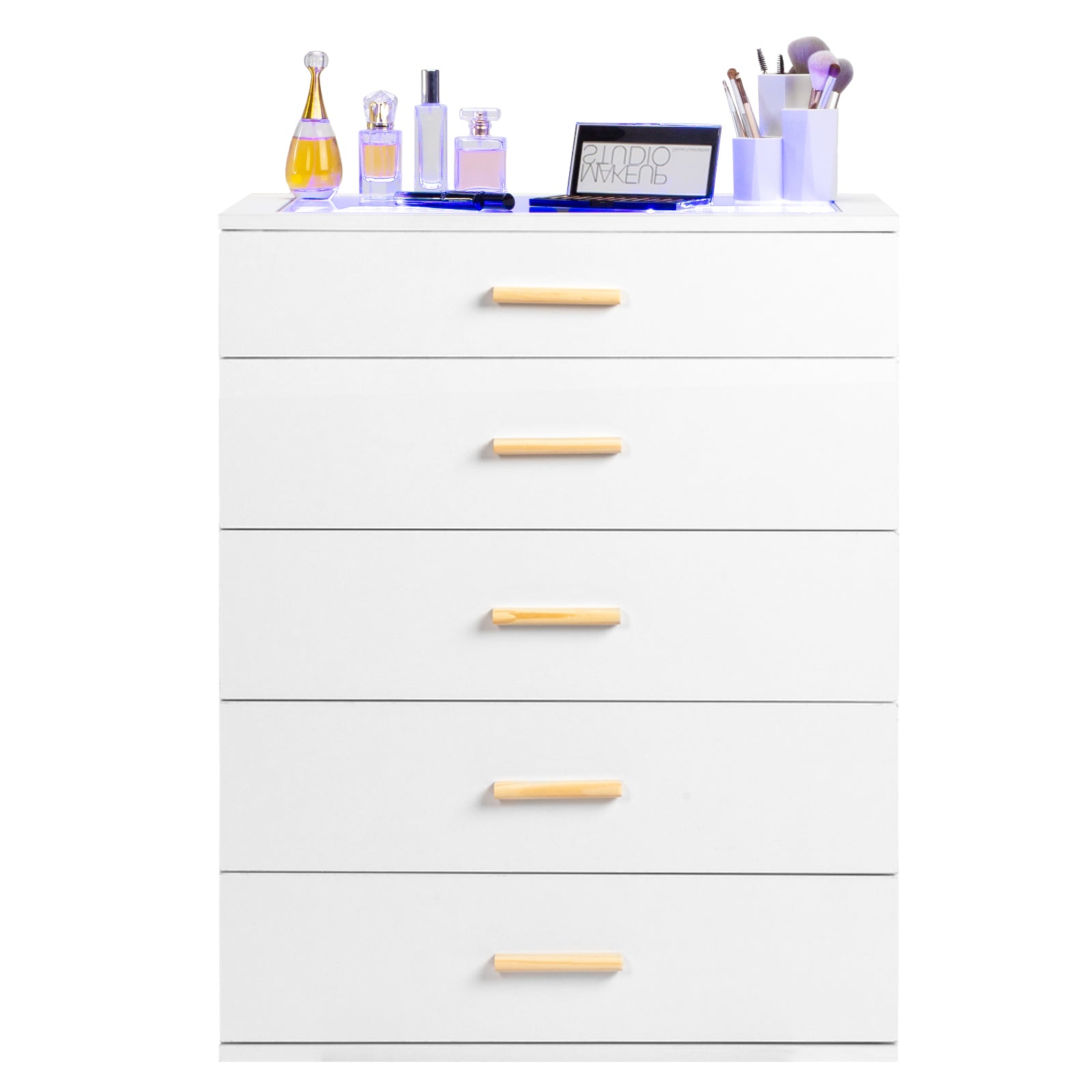 HAOYYE White Pitted Particleboard Drawer Cabinet with RGB LED Lights, 5 Drawers, Tempered Glass Panels, Modern Storage Solution,  Multifunctional Bedroom/Living Room Storage Unit
