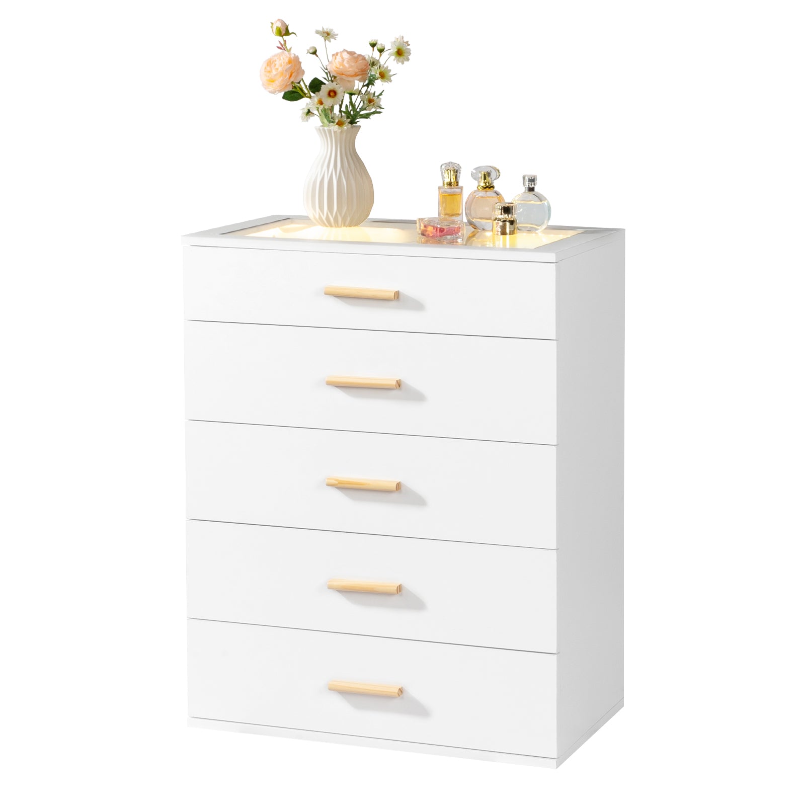 HAOYYE White Pitted Particleboard Drawer Cabinet with RGB LED Lights, 5 Drawers, Tempered Glass Panels, Modern Storage Solution,  Multifunctional Bedroom/Living Room Storage Unit