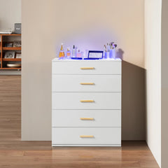 HAOYYE White Pitted Particleboard Drawer Cabinet with RGB LED Lights, 5 Drawers, Tempered Glass Panels, Modern Storage Solution,  Multifunctional Bedroom/Living Room Storage Unit