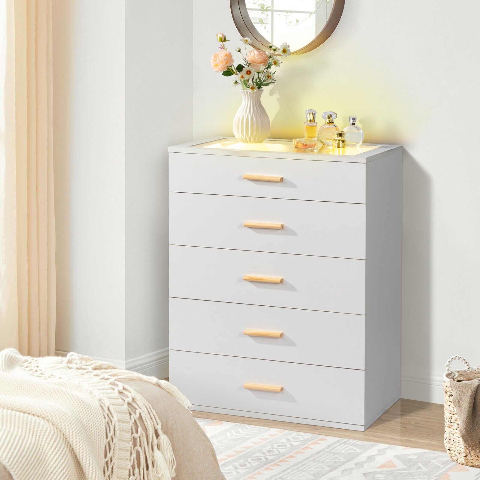 HAOYYE White Pitted Particleboard Drawer Cabinet with RGB LED Lights, 5 Drawers, Tempered Glass Panels, Modern Storage Solution,  Multifunctional Bedroom/Living Room Storage Unit