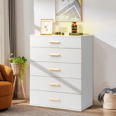 HAOYYE White Pitted Particleboard Drawer Cabinet with RGB LED Lights, 5 Drawers, Tempered Glass Panels, Modern Storage Solution,  Multifunctional Bedroom/Living Room Storage Unit