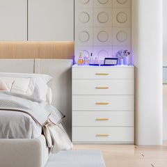 HAOYYE White Pitted Particleboard Drawer Cabinet with RGB LED Lights, 5 Drawers, Tempered Glass Panels, Modern Storage Solution,  Multifunctional Bedroom/Living Room Storage Unit