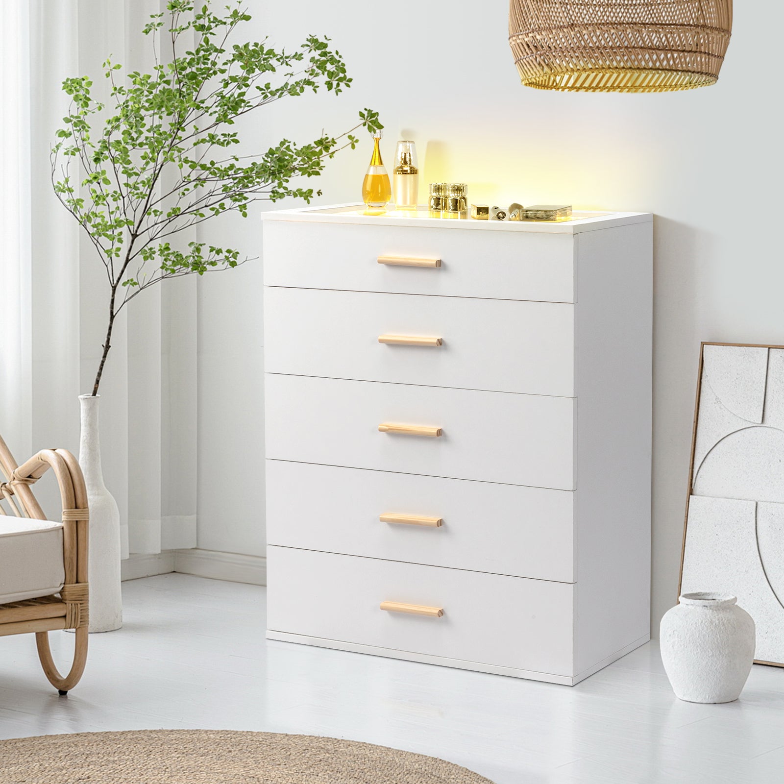 HAOYYE White Pitted Particleboard Drawer Cabinet with RGB LED Lights, 5 Drawers, Tempered Glass Panels, Modern Storage Solution,  Multifunctional Bedroom/Living Room Storage Unit