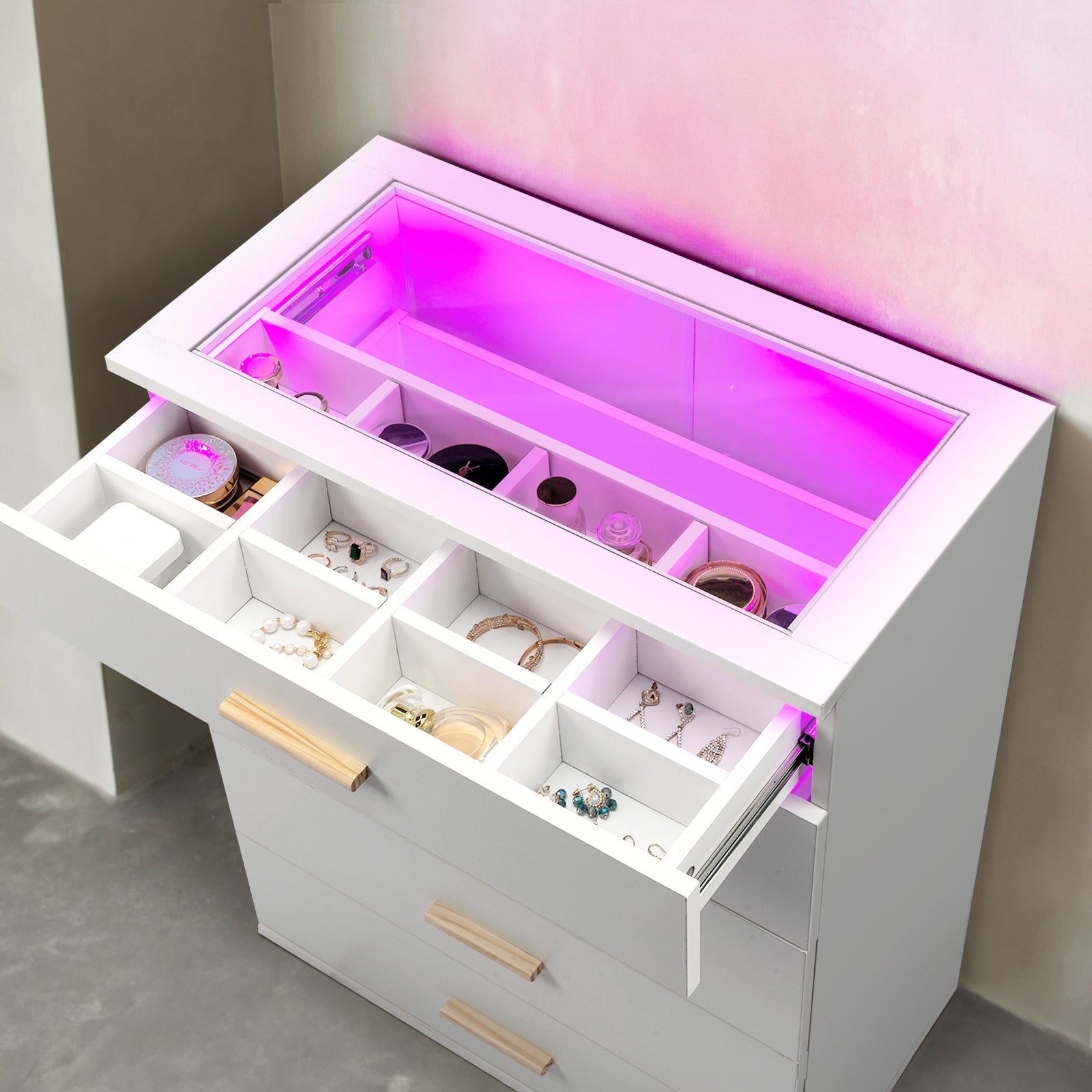 HAOYYE White Pitted Particleboard Drawer Cabinet with RGB LED Lights, 5 Drawers, Tempered Glass Panels, Modern Storage Solution,  Multifunctional Bedroom/Living Room Storage Unit